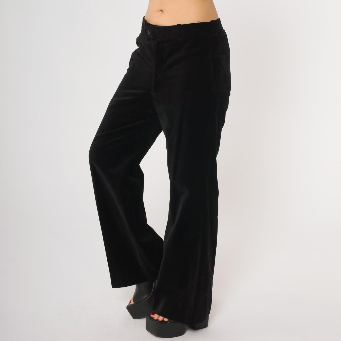 80s Black Velvet Wide Leg High Waisted Trousers Straight Leg Medium