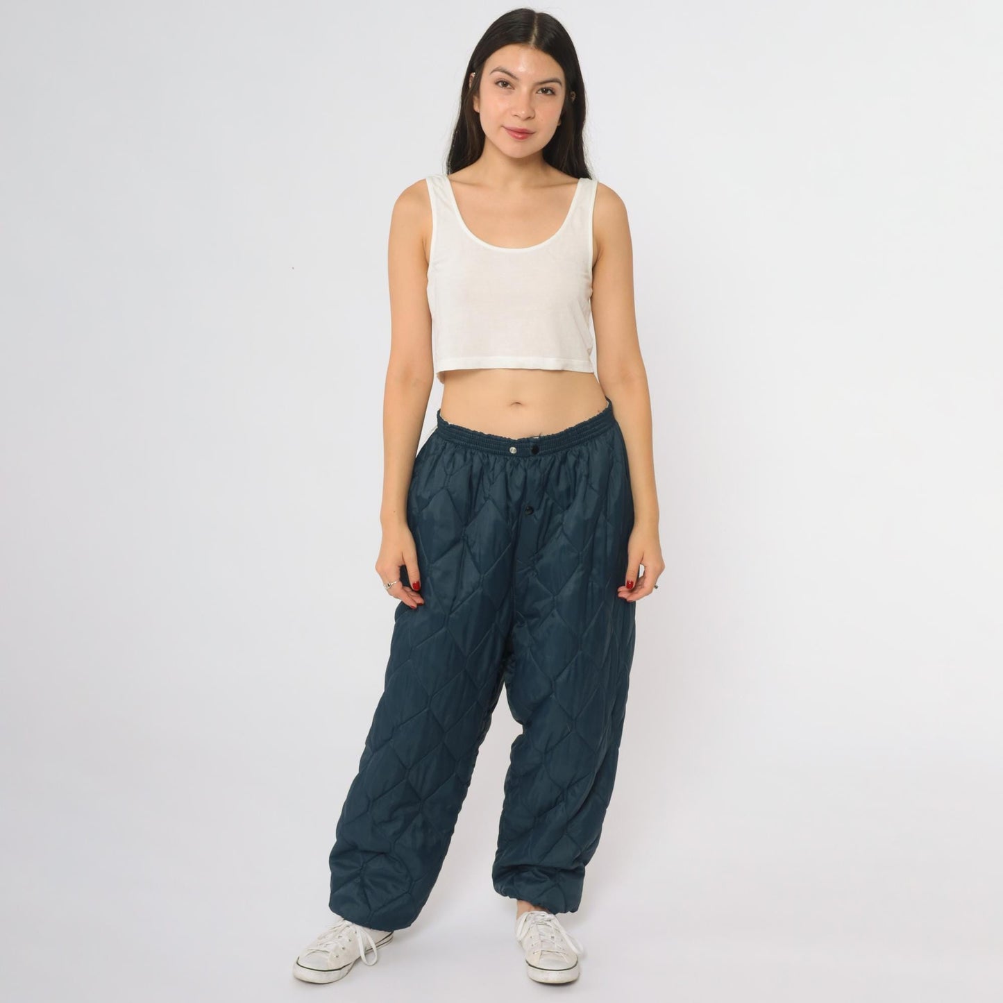 80s Navy Quilted Pants Diamond Pattern Elastic Waist Baggy Extra Large XL