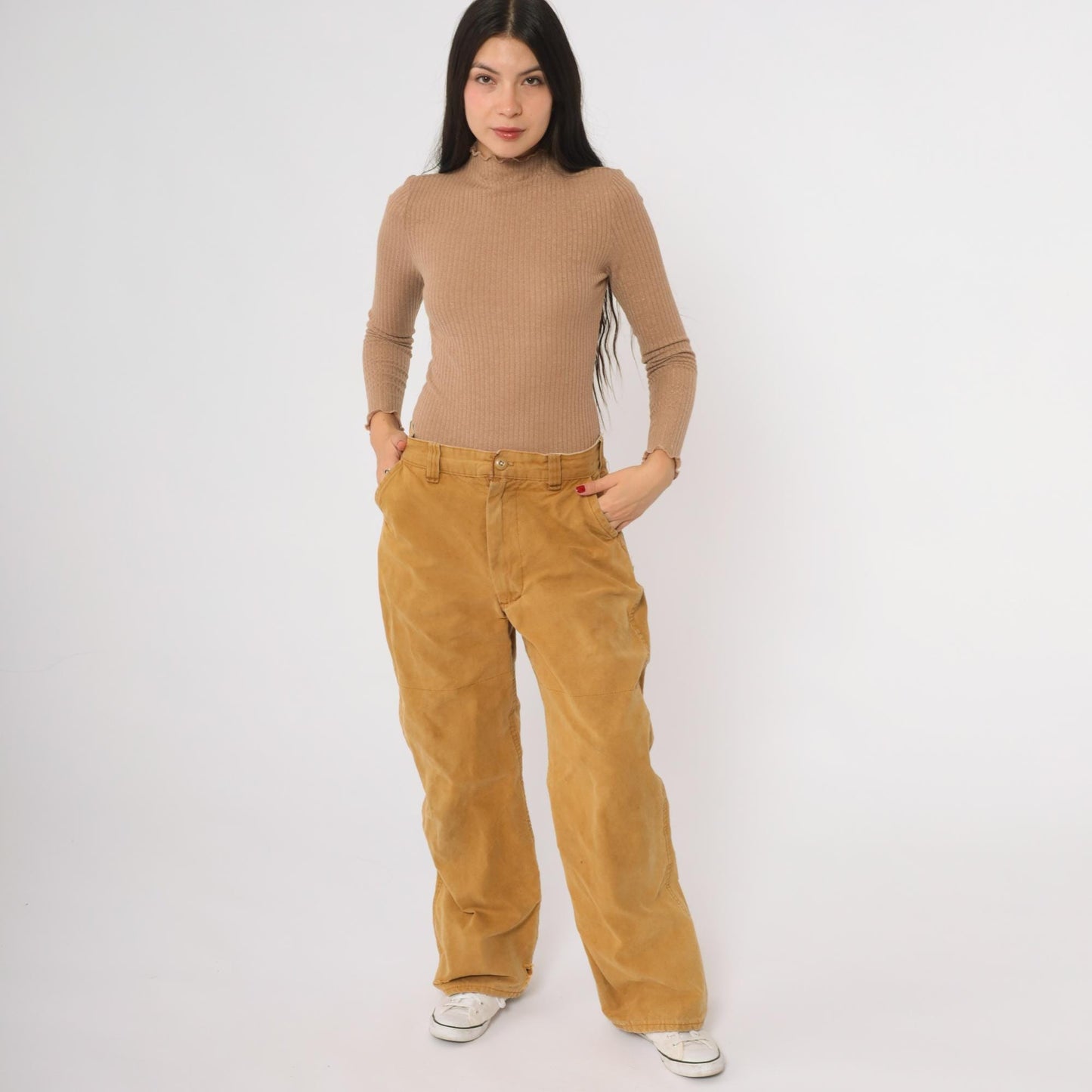 70s Mustard Yellow Cargo Pants High Waisted Wide Leg Canvas Utility Medium