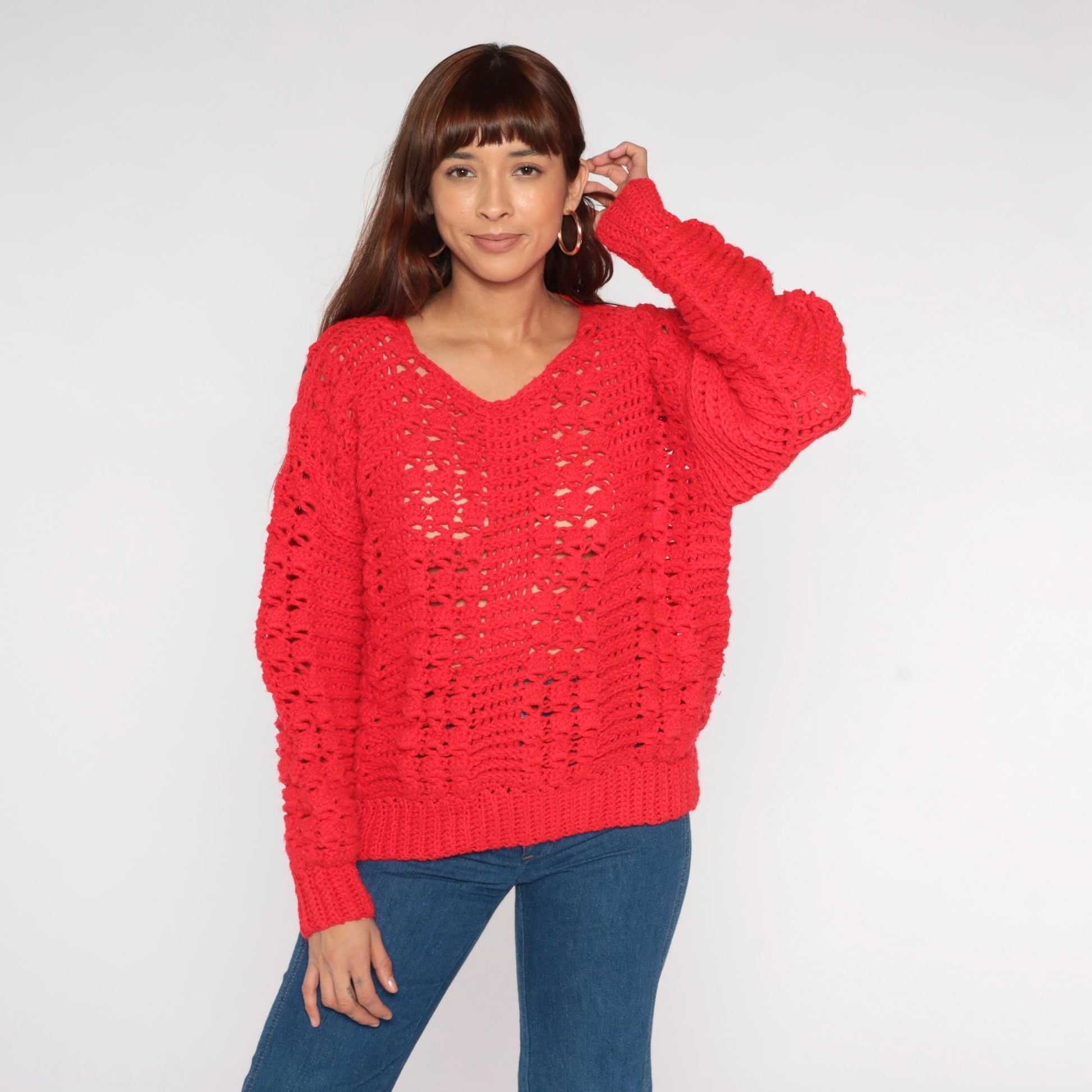 80s Red Crochet Open Weave Sweater Scoop Neck Long Sleeve Large L