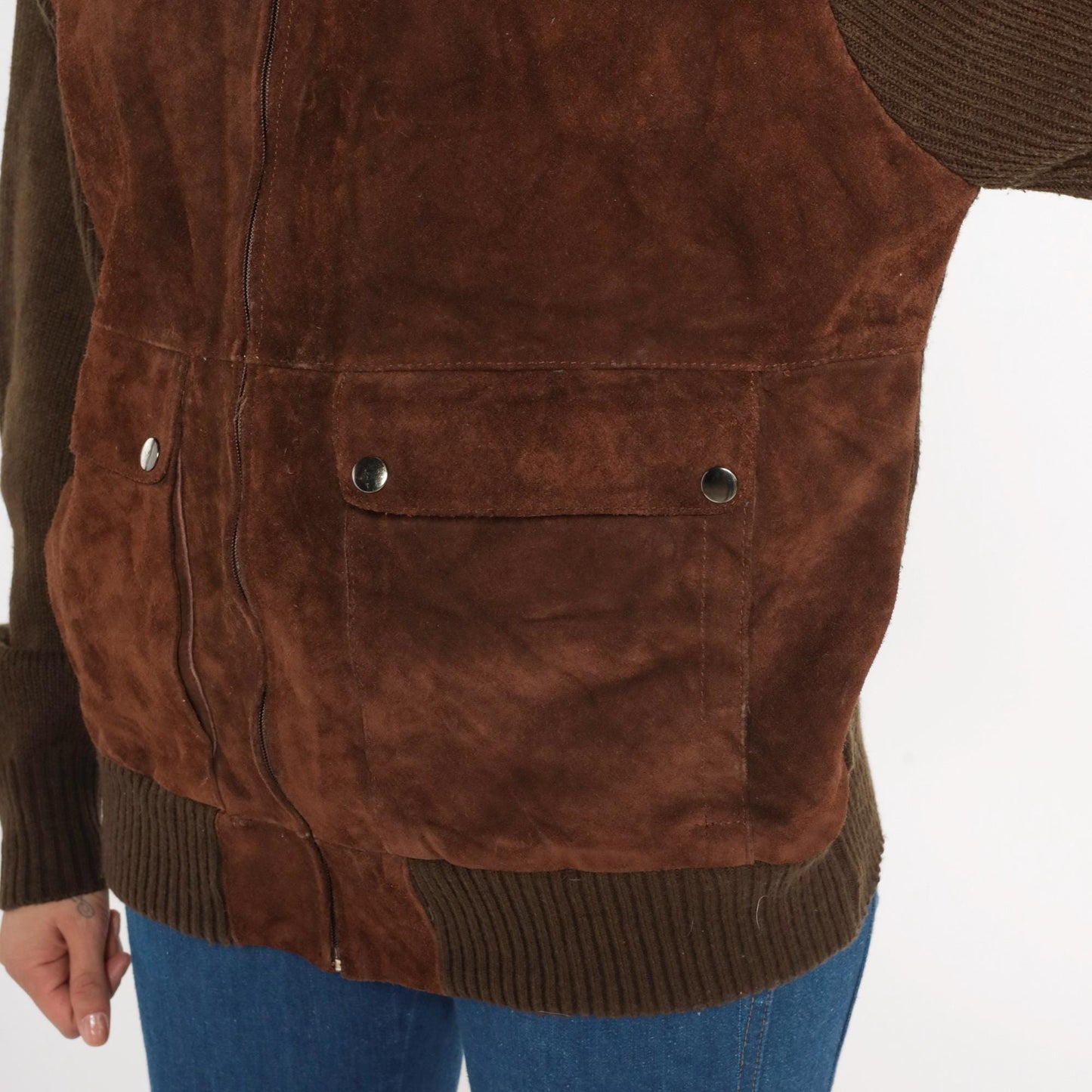 80s Brown Suede Bomber Jacket Knit Sleeves Zip Front Unisex Extra Large XL