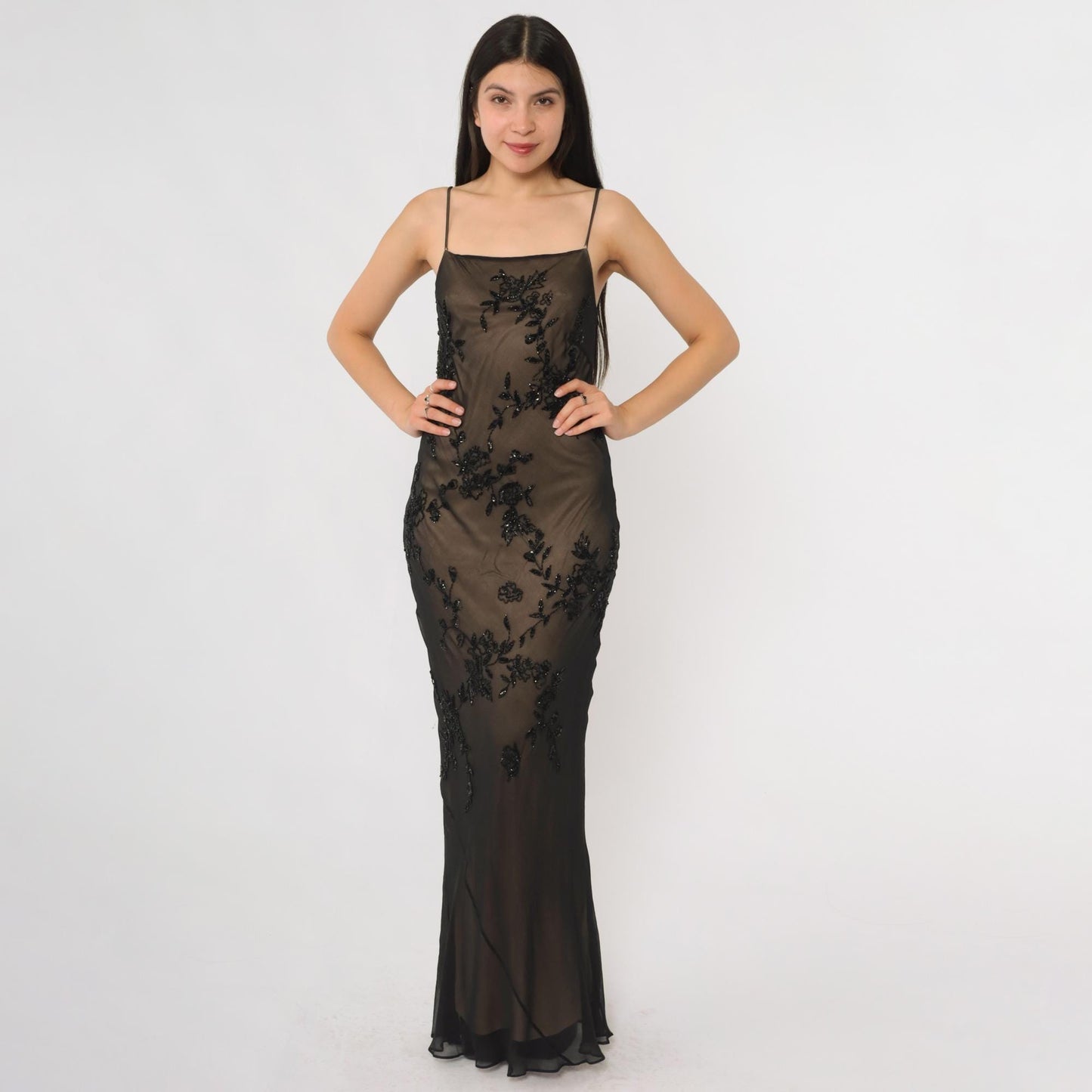 Y2K Marina Bresler Black Silk Beaded Maxi Slip Dress Small S