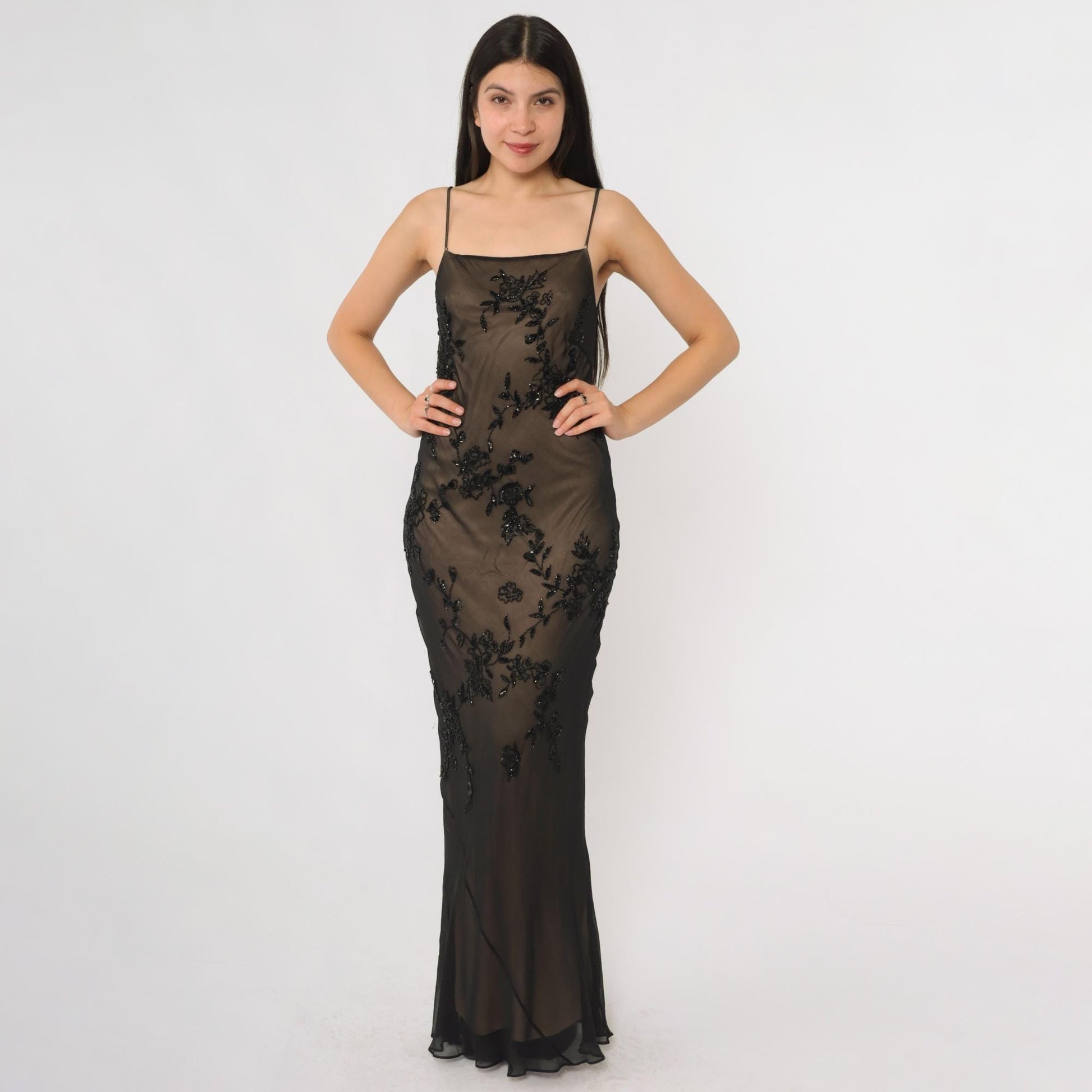 Y2K Marina Bresler Black Silk Beaded Maxi Slip Dress Small S