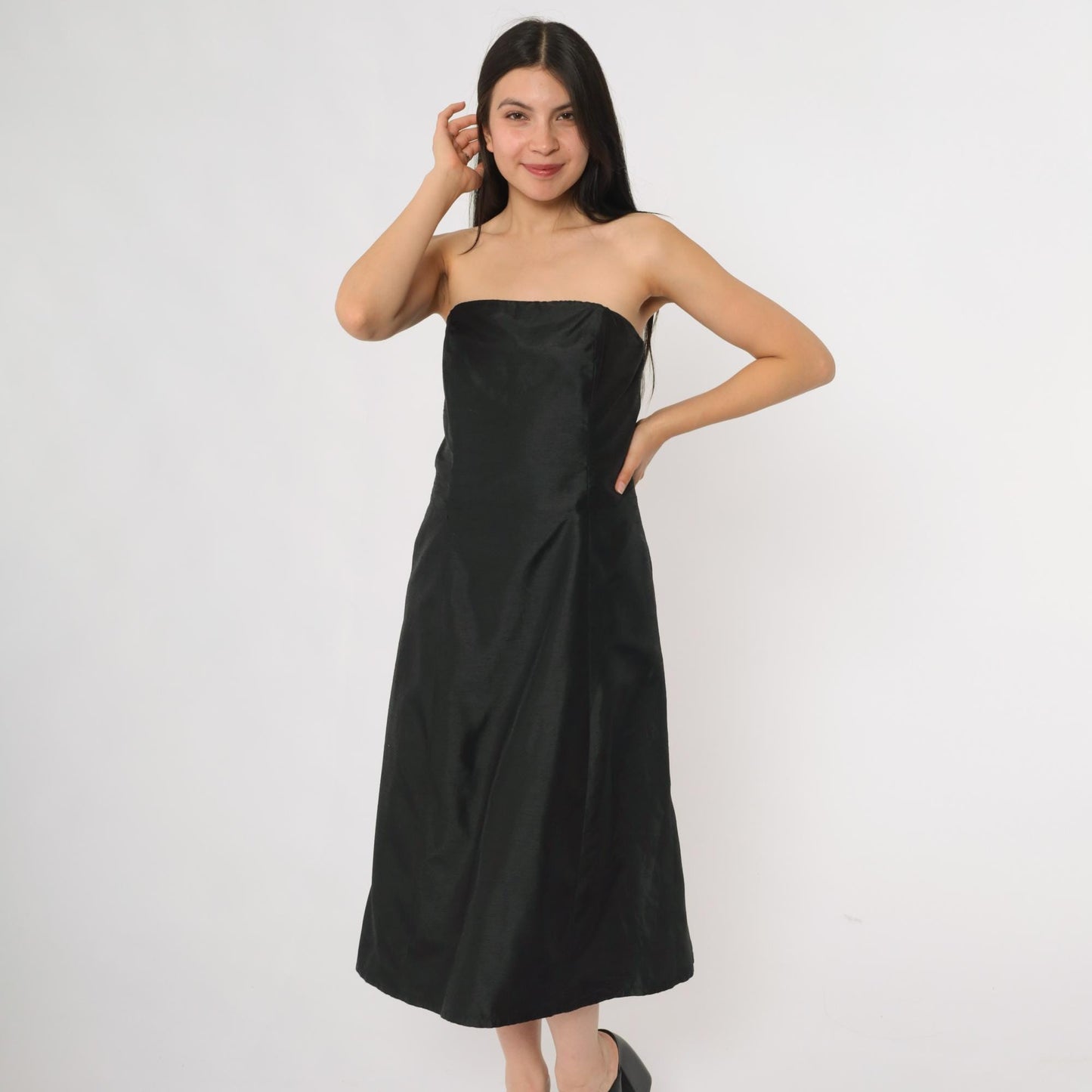 90s ABS Evening Black Strapless Cocktail Dress Midi Small S