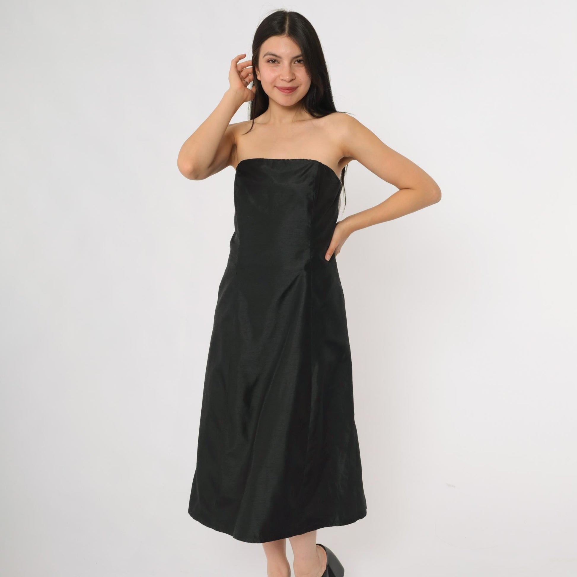 90s ABS Evening Black Strapless Cocktail Dress Midi Small S