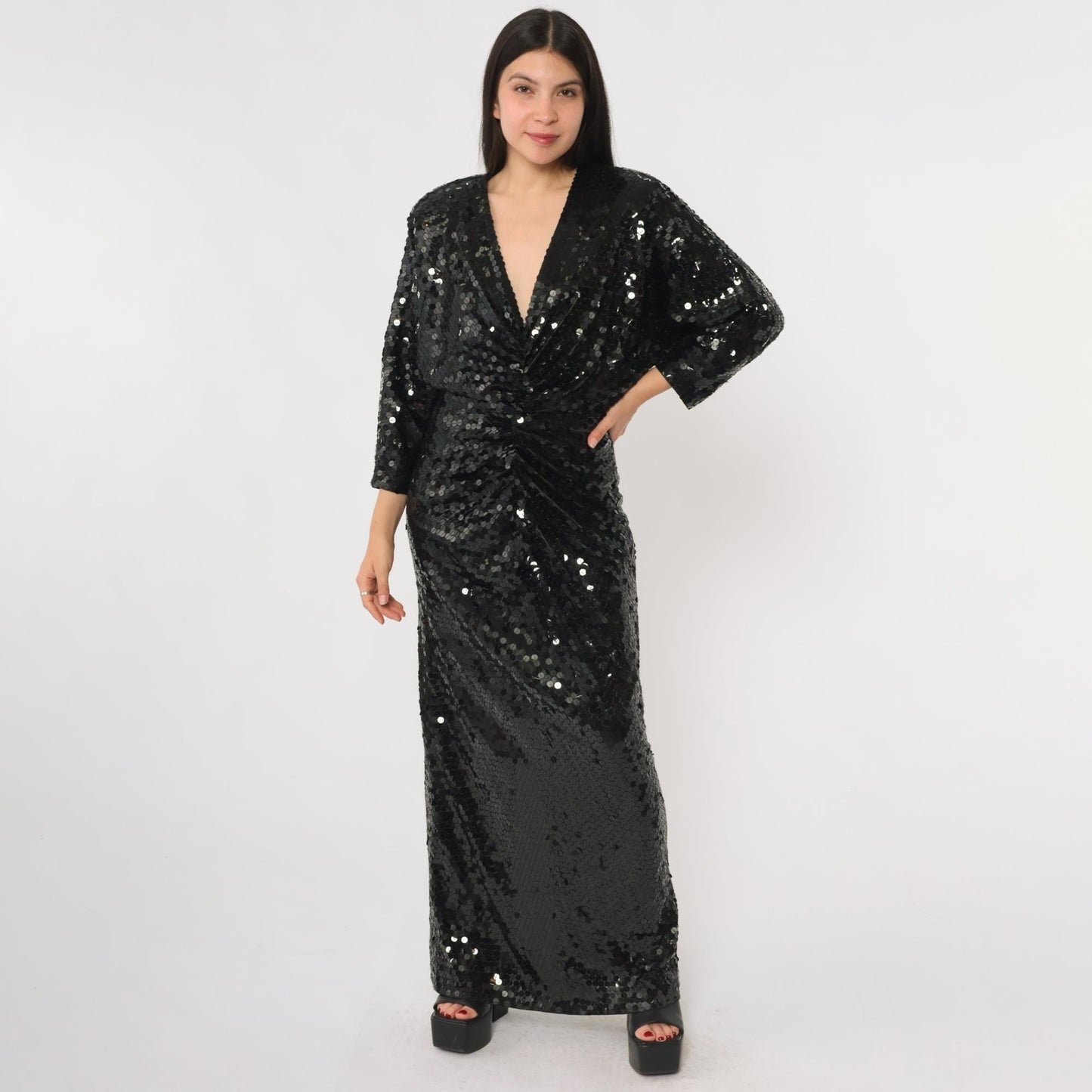 80s Oleg Cassini Black Sequin Evening Gown Plunge V Long Sleeve Open Back Medium