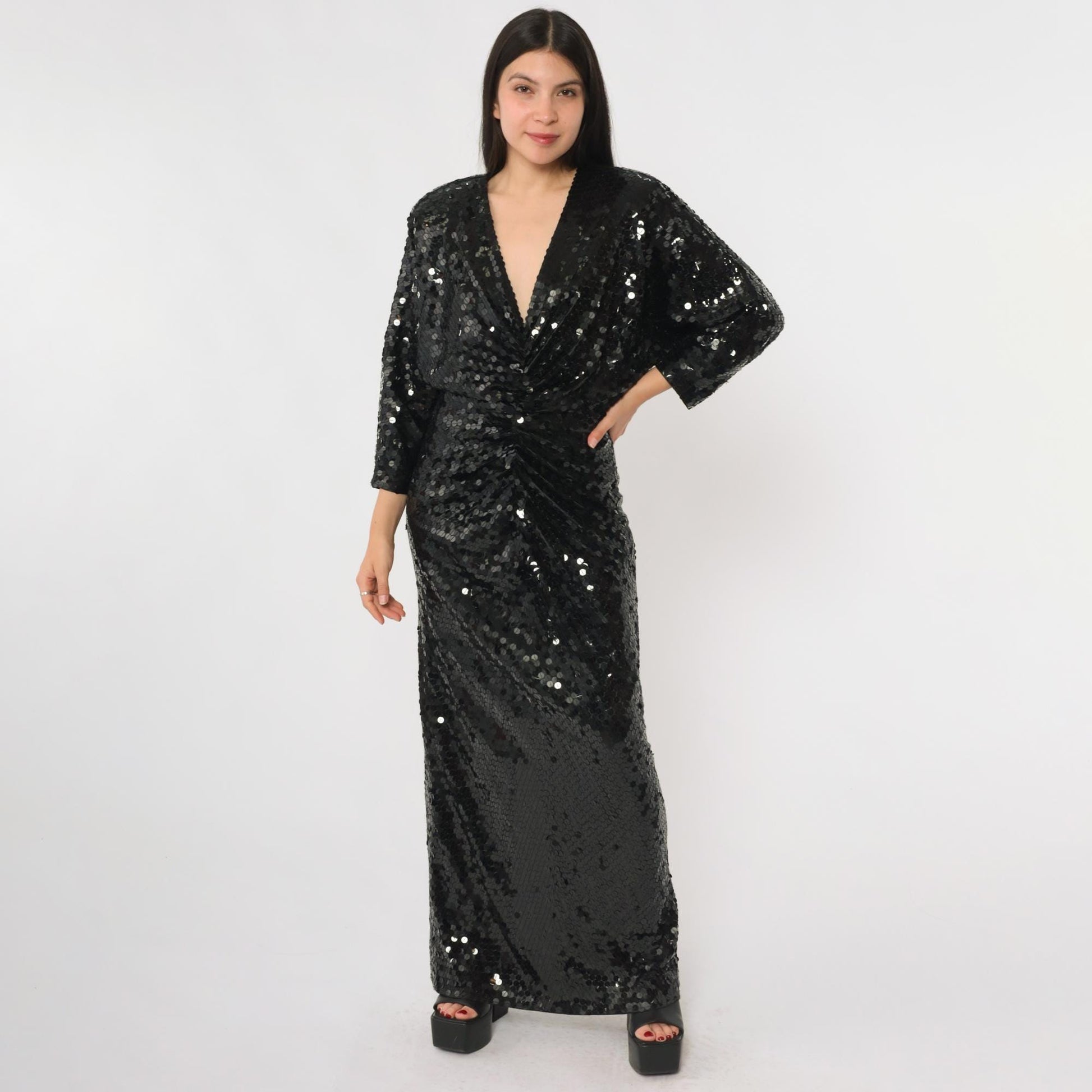 80s Oleg Cassini Black Sequin Evening Gown Plunge V Long Sleeve Open Back Medium