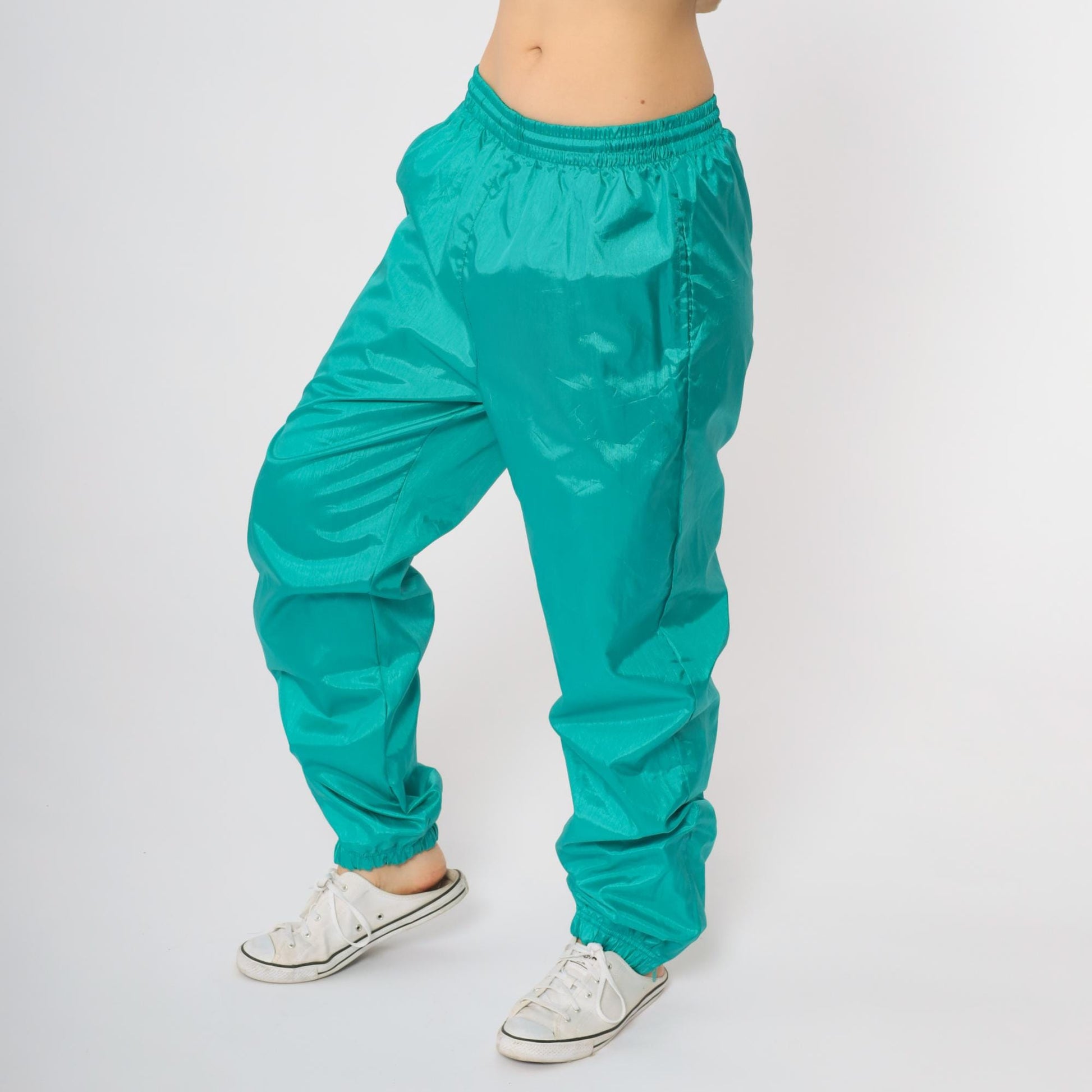 80s Teal Green Windbreaker Track Pants Elastic Waist Cuffed Small