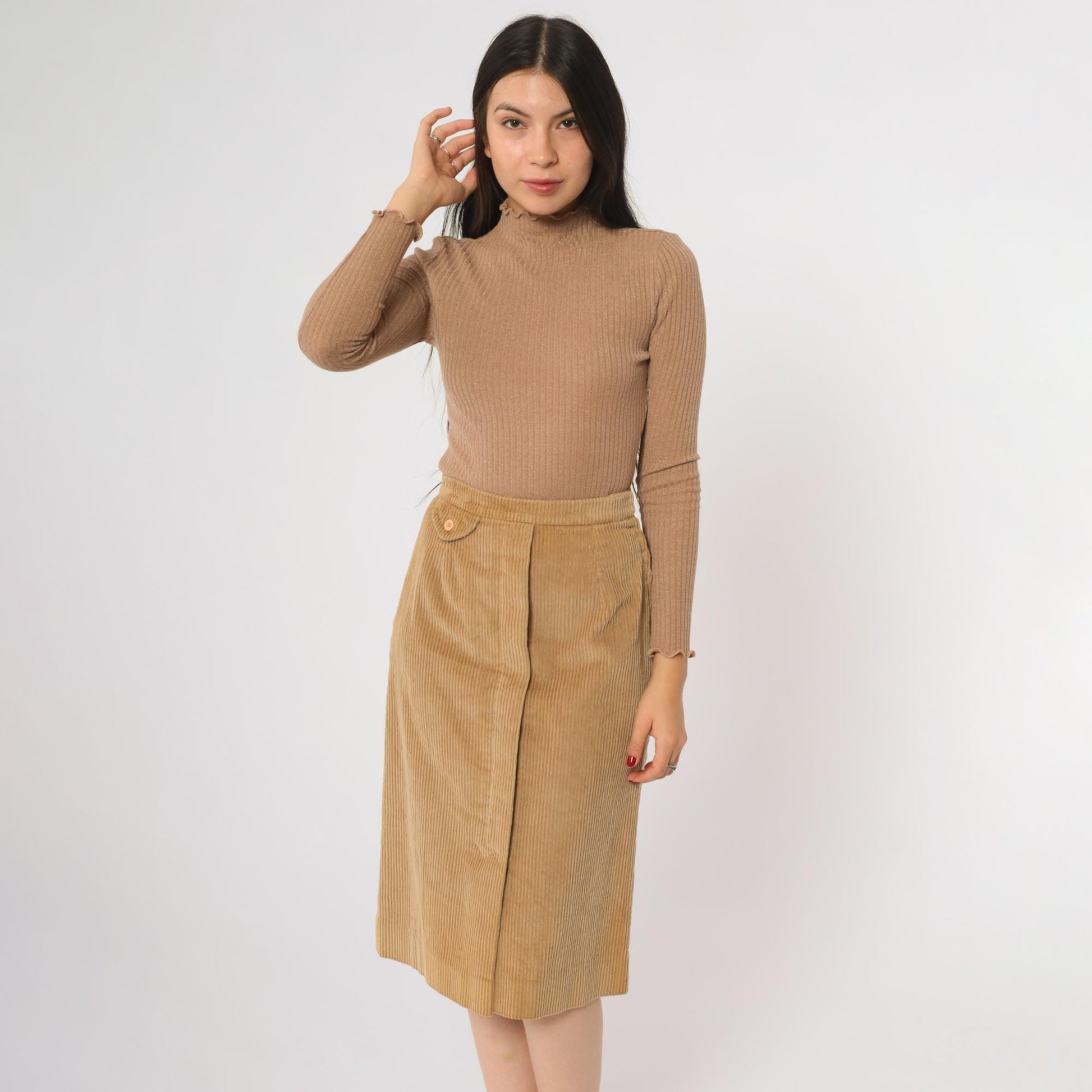 80s Nordstrom Tan Corduroy Midi Skirt Button Detail Small S