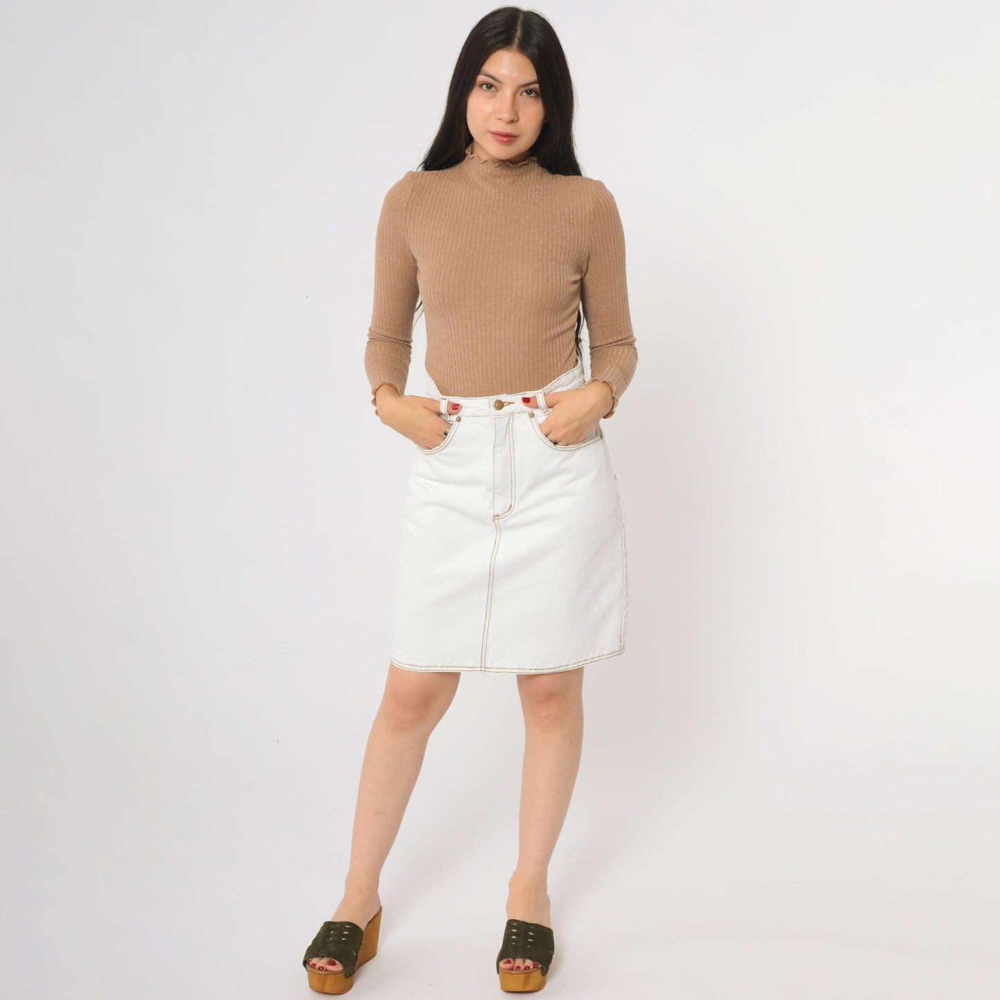 90s Jeanjer White Denim Mini Skirt Cotton Five-Pocket Small