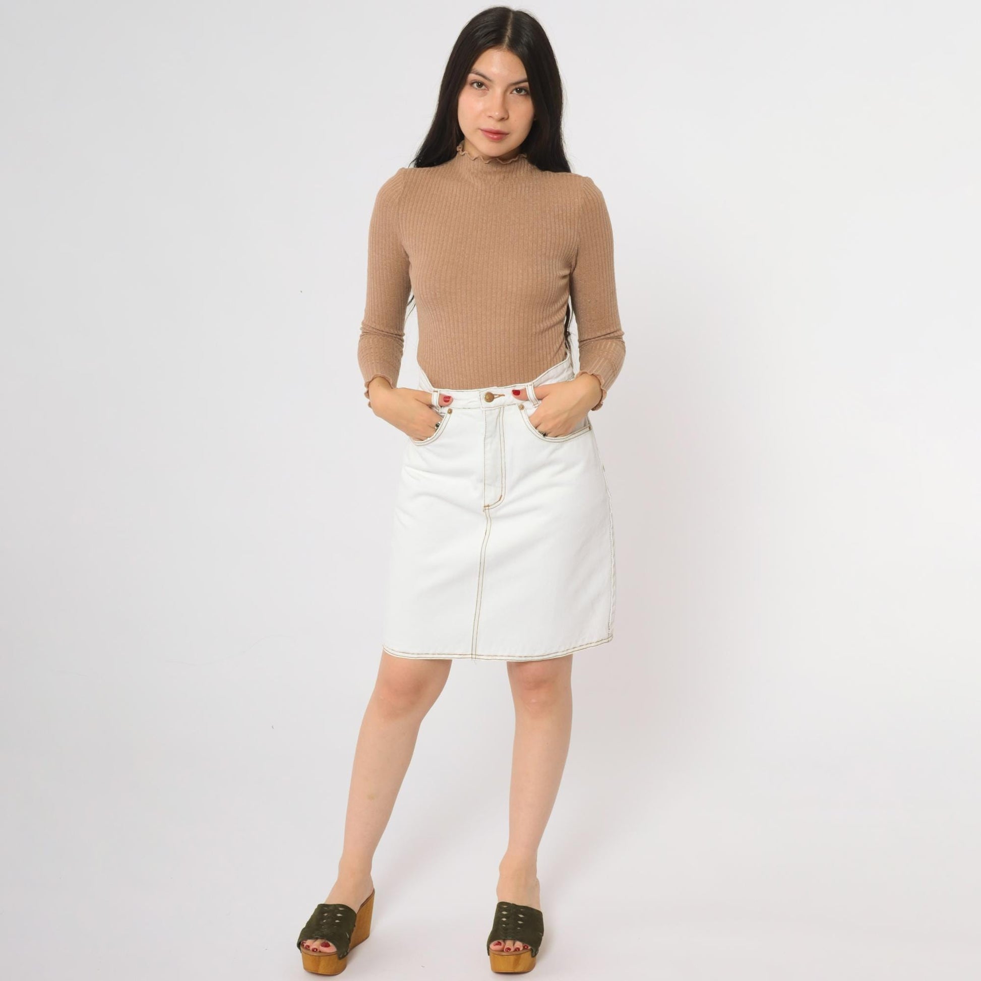 90s Jeanjer White Denim Mini Skirt Cotton Five-Pocket Small