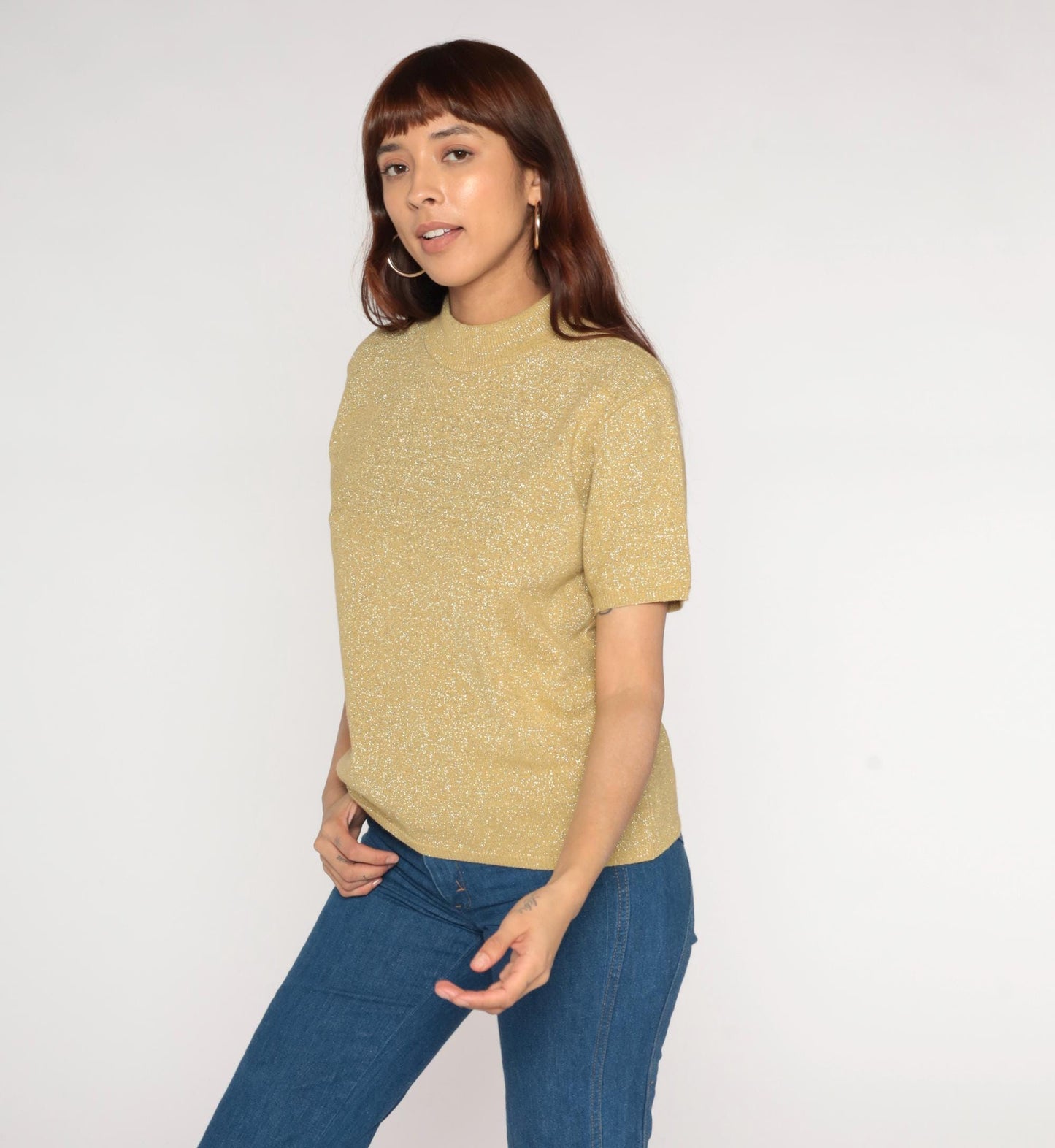 90s Gold Sparkly Knit Short Sleeve Blouse Medium
