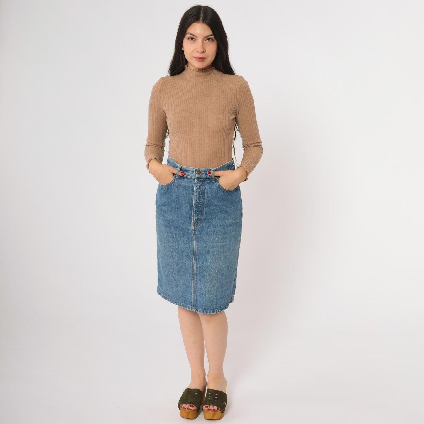 90s Calvin Klein Denim Mini Skirt High Waist Button Front Medium Blue Size 10