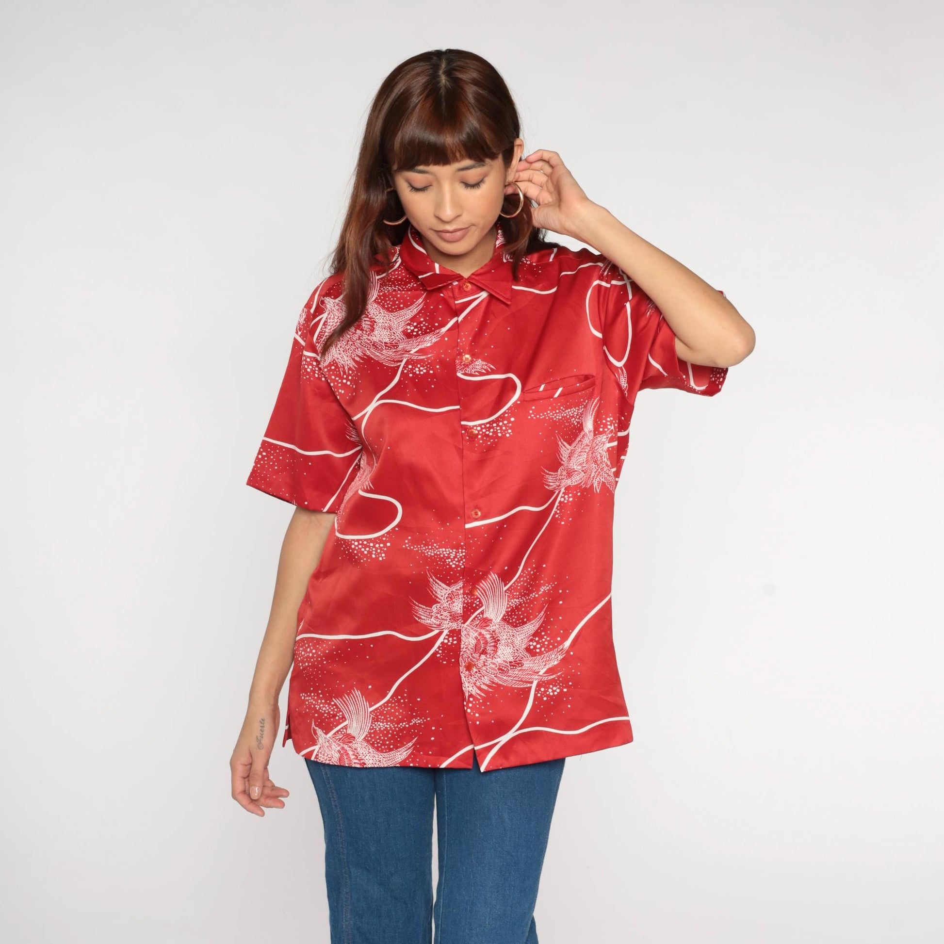 70s Tori Richard Red Koi Fish Hawaiian Shirt Button Front Large L