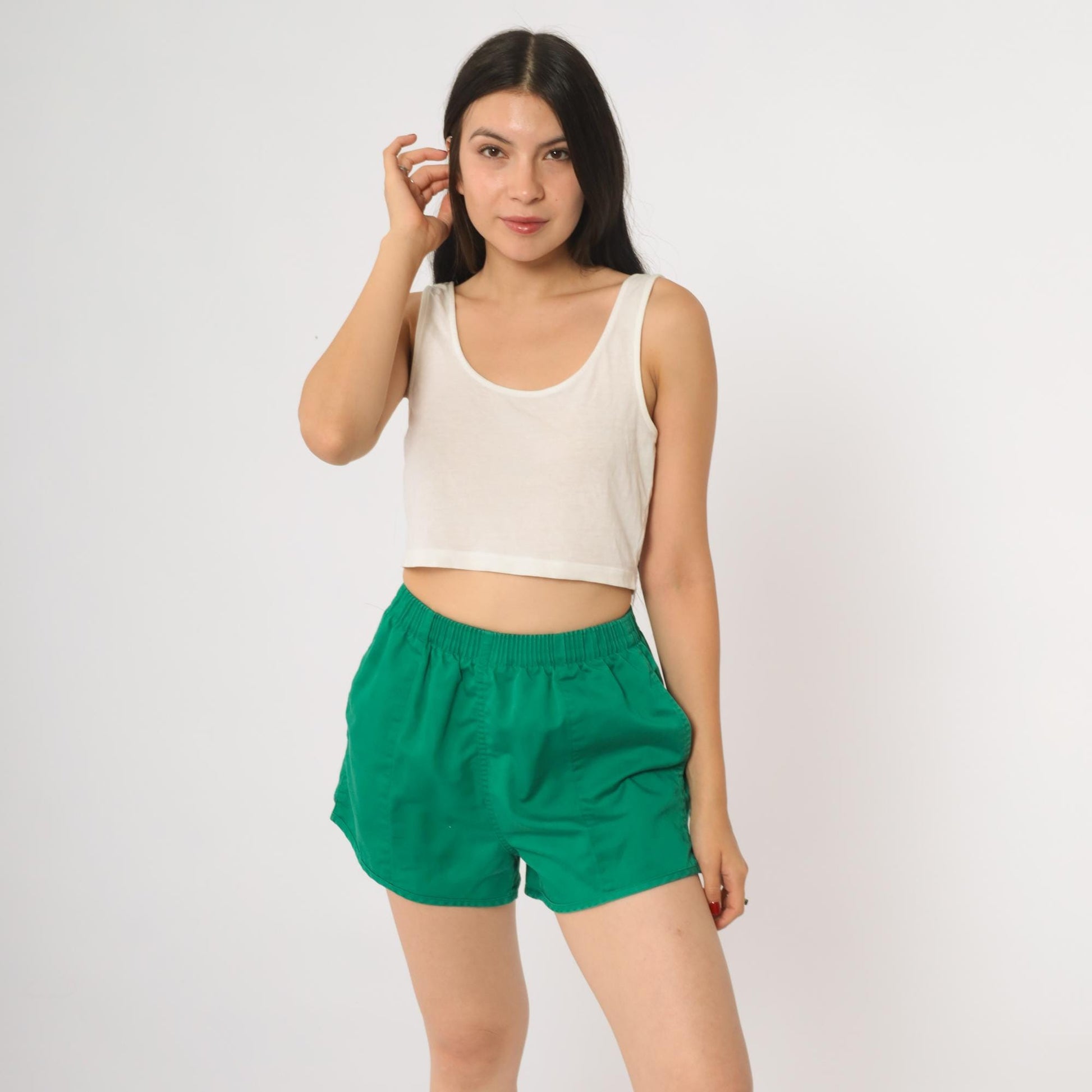 80s Lands End Green Athletic Shorts High Waist Running Gym Small S