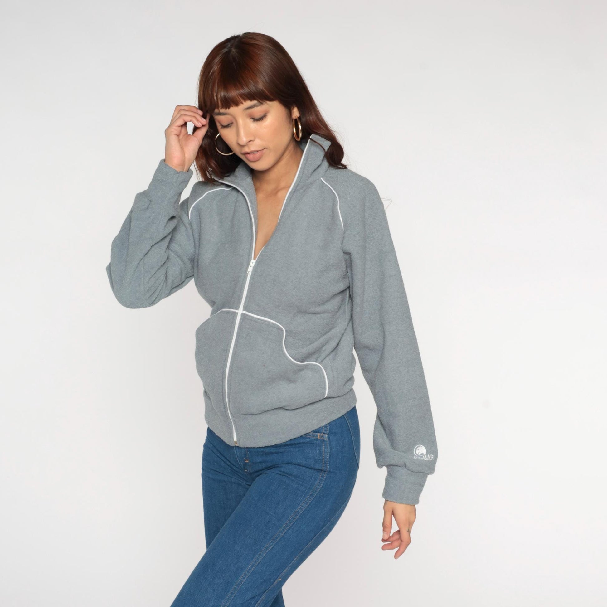 80s Jaguar Grey Zip-Up Sweatshirt White Piping Collar Small S