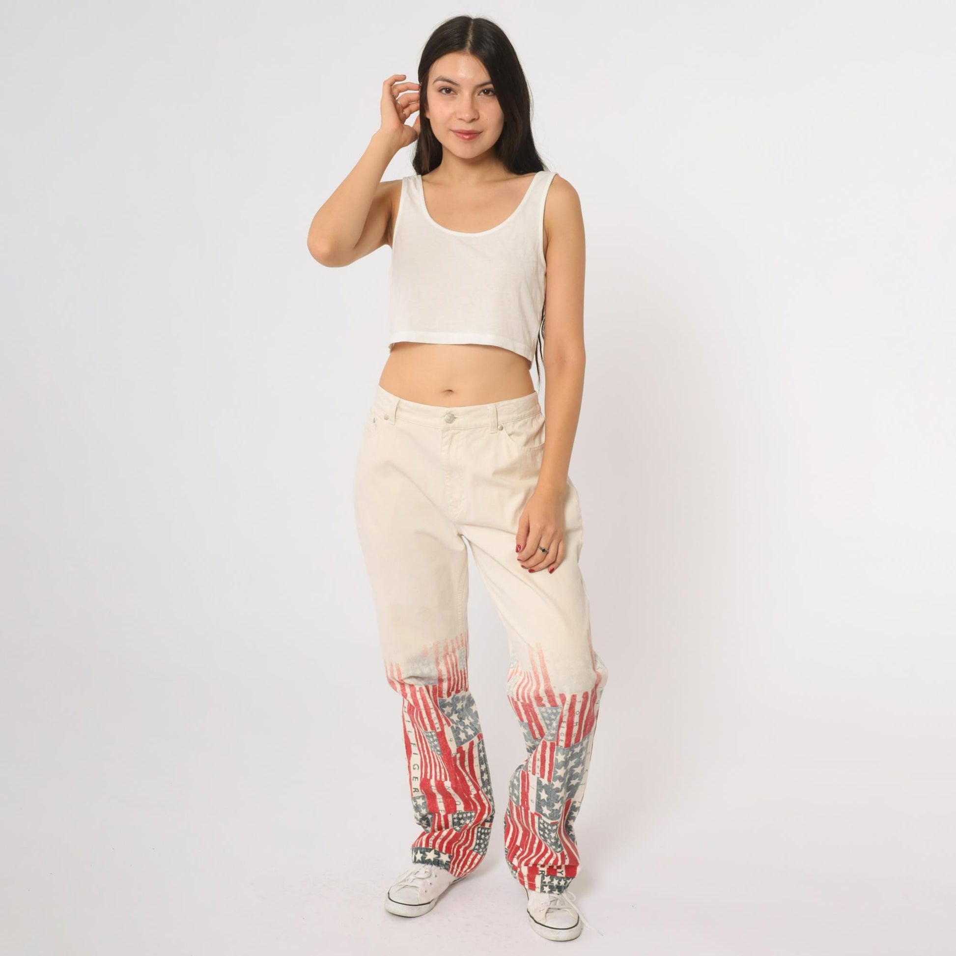 Y2K Tommy Hilfiger Flag Print Denim Jeans Off-White Distressed Wide Leg Size 10