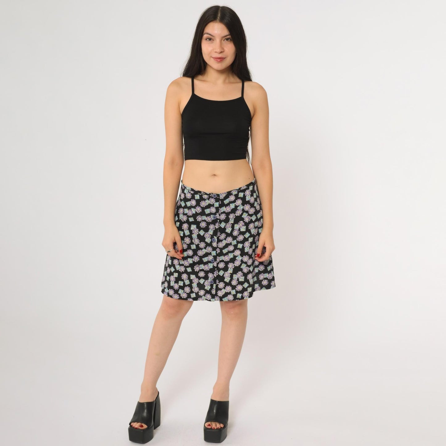 90s My Michelle Floral Mini Skirt Black Purple Daisy Button Front Size 11