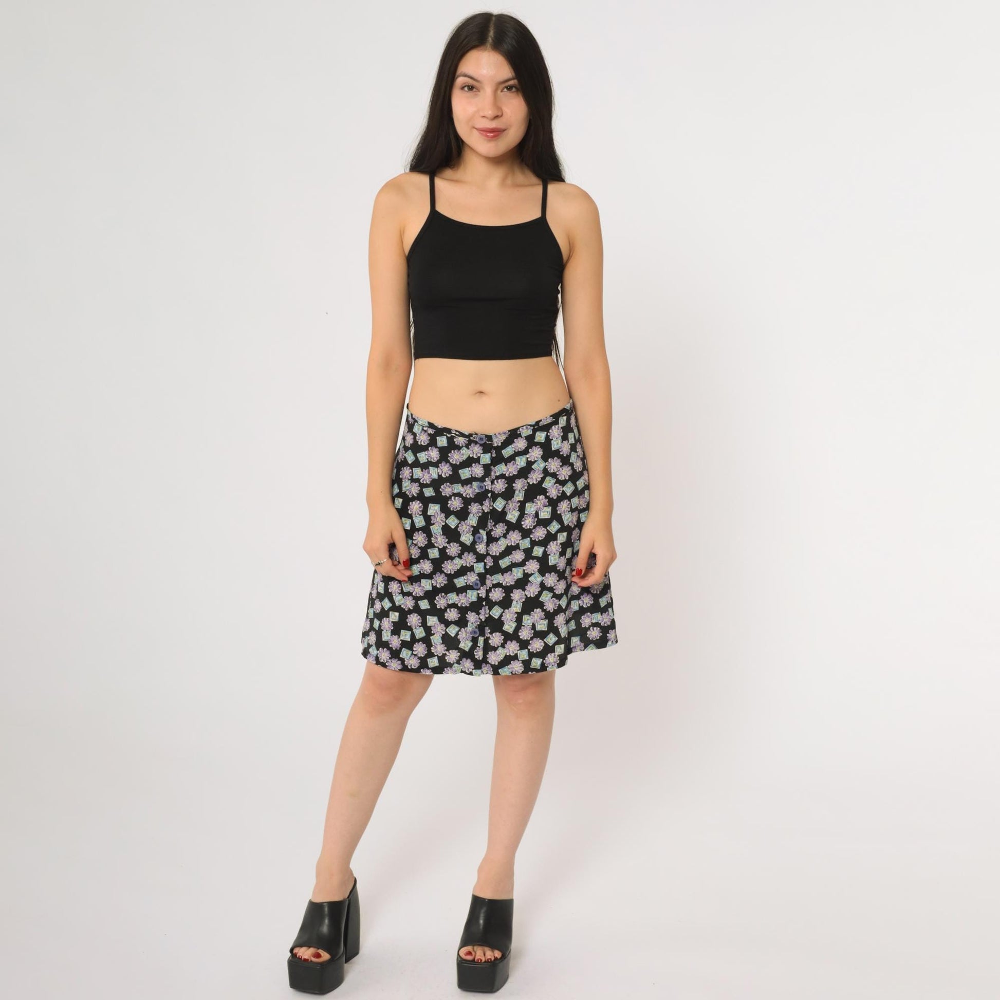 90s My Michelle Floral Mini Skirt Black Purple Daisy Button Front Size 11