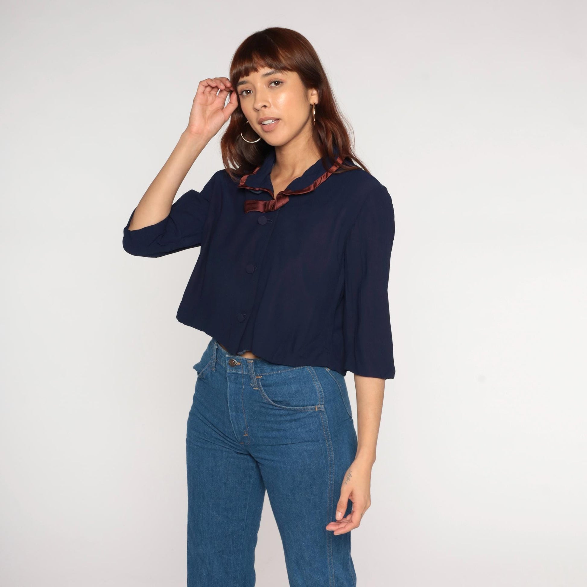 60s Puritan Forever Young Navy Blouse Rust Satin Collar Cropped Medium Large