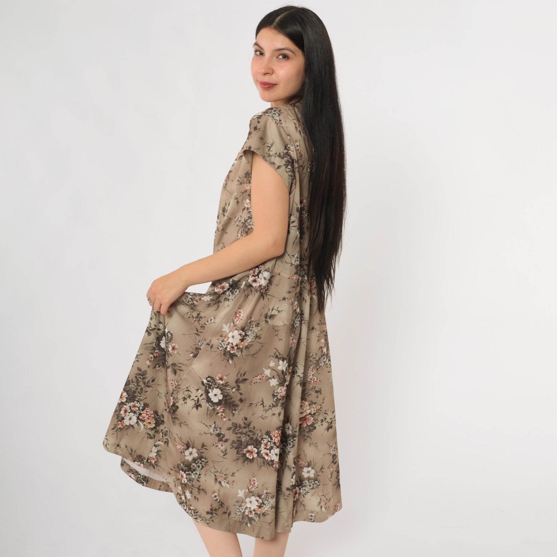 70s Floral Midi Day Dress Beige Taupe Multicolor Print Short Sleeve Large L