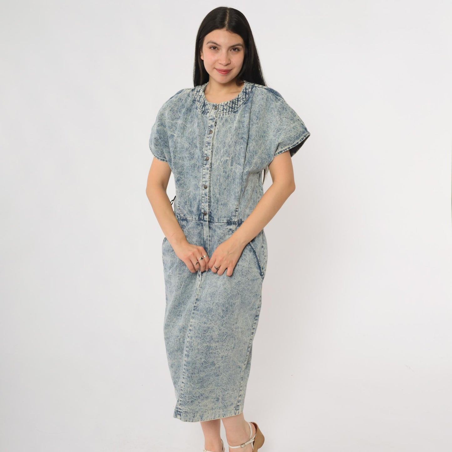 90s Acid Wash Denim Midi Dress Button Front Utility Pockets Cotton Large L