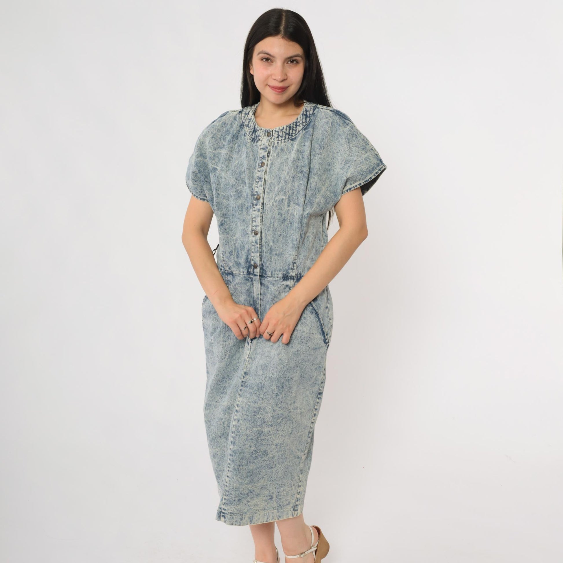 90s Acid Wash Denim Midi Dress Button Front Utility Pockets Cotton Large L