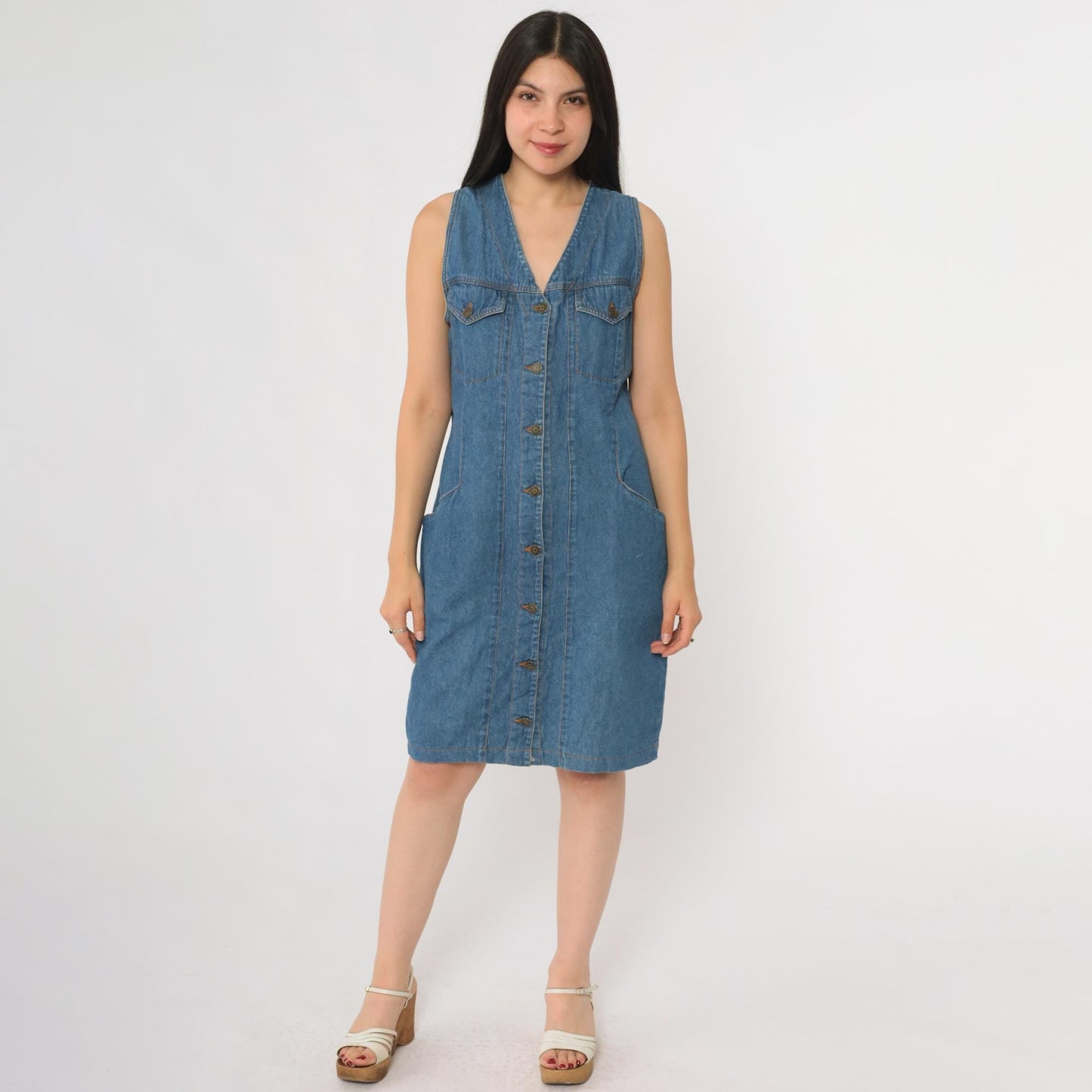 90s WilliWear Denim Dress Button Front V Neck Mini Blue Cotton Medium