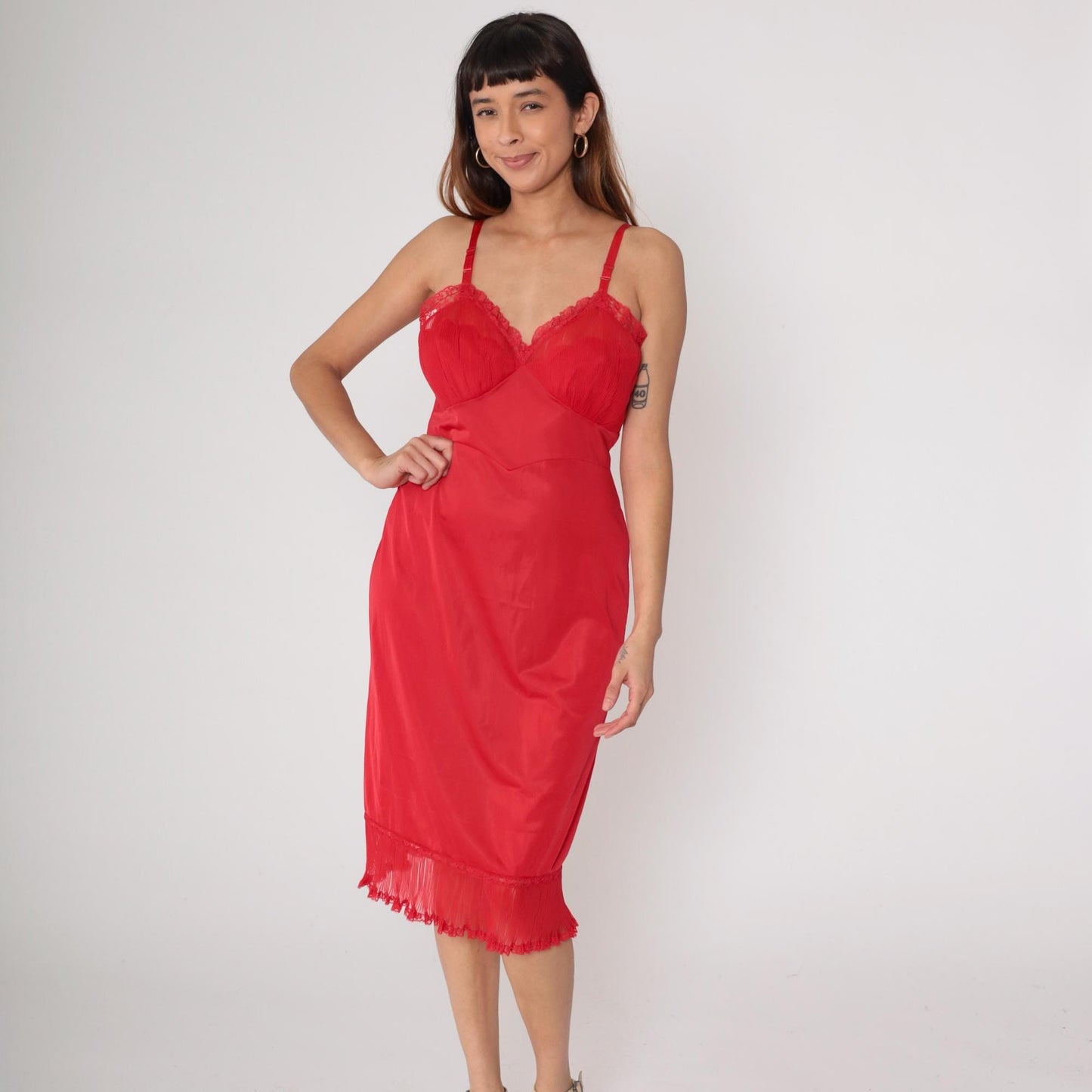 70s Shadowline Red Nylon Slip Dress Lace Trim Midi Spaghetti Strap Medium
