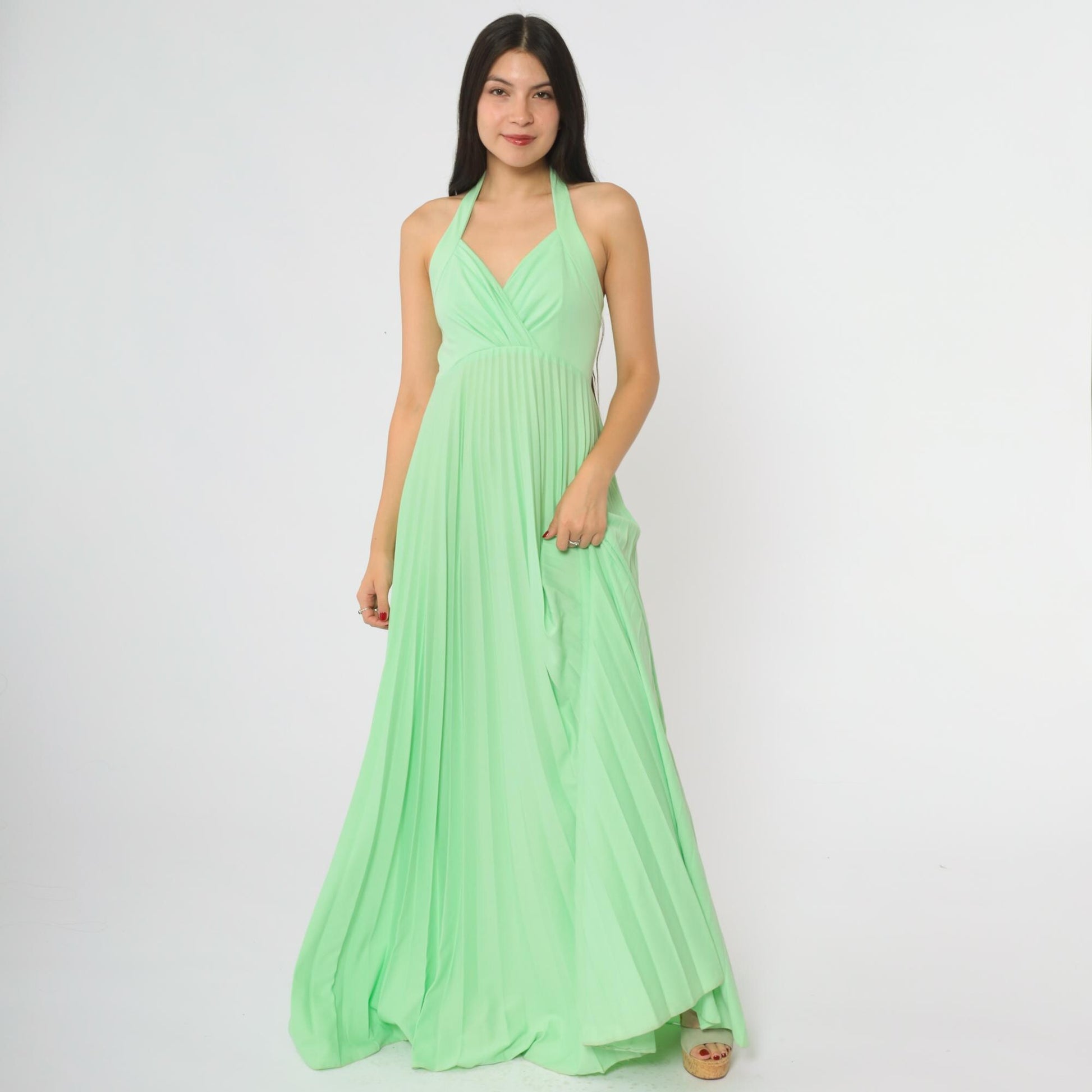 70s Lime Green Halter Maxi Dress Pleated V-Neck Floor-Length Small