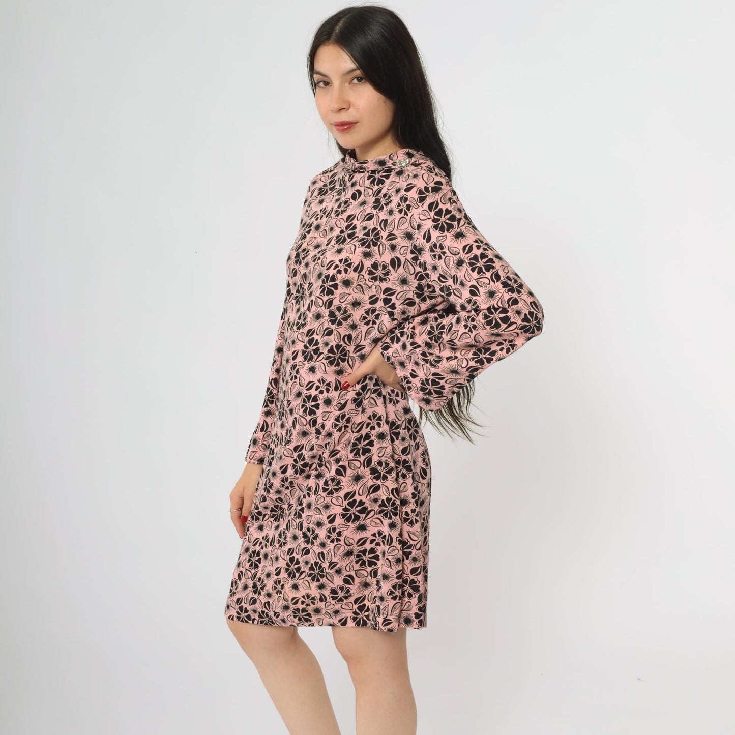 60s Pink Floral Mod Mini Dress Long Sleeve A-Line Shift Large L