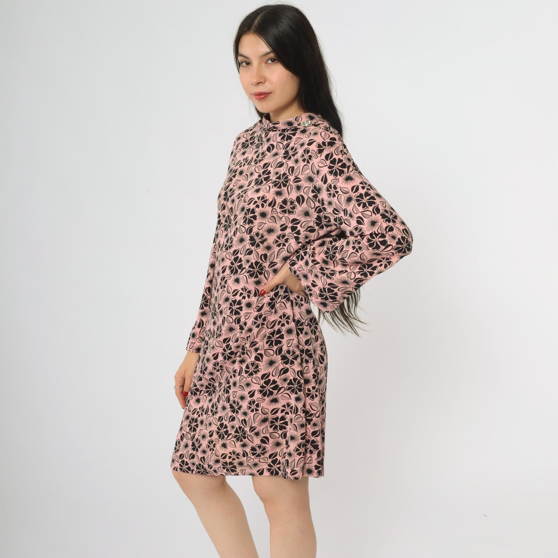 60s Pink Floral Mod Mini Dress Long Sleeve A-Line Shift Large L
