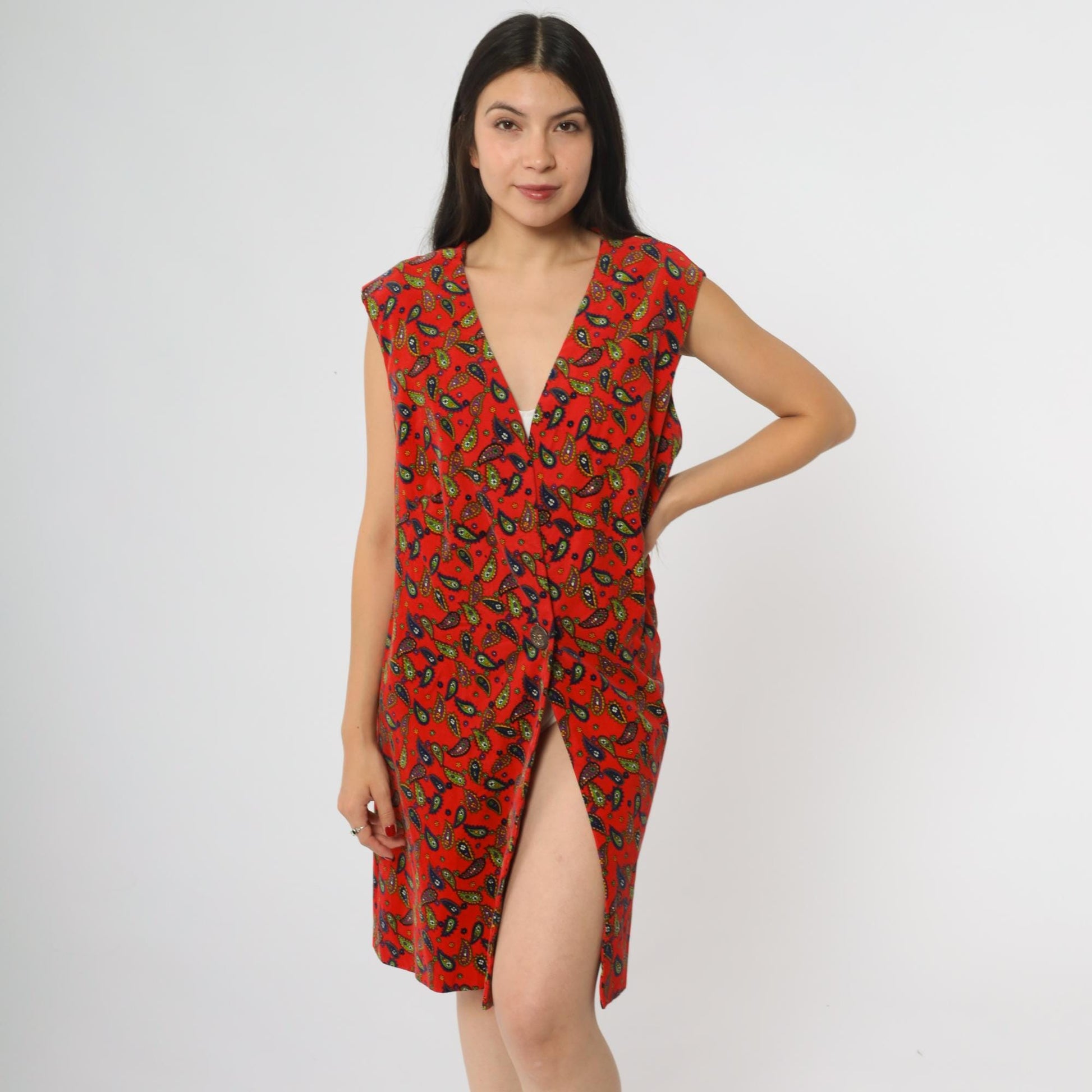 60s Red Paisley Mini Dress Deep V Sleeveless A-Line Shift Extra Large