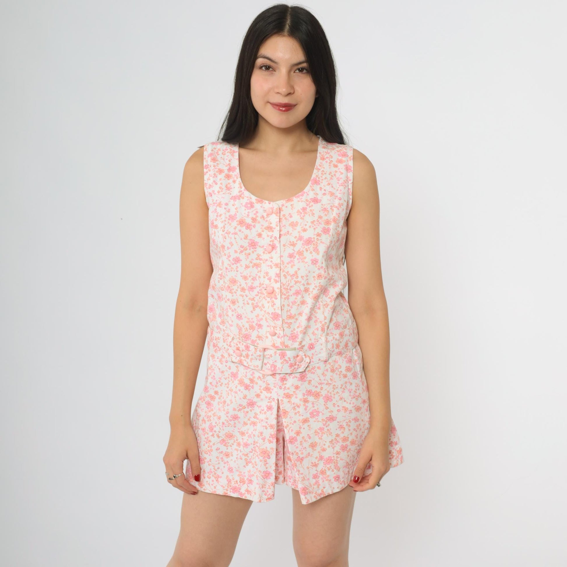60s Pink Floral Romper Sleeveless Button Front Tie Belt Mini Playsuit Small