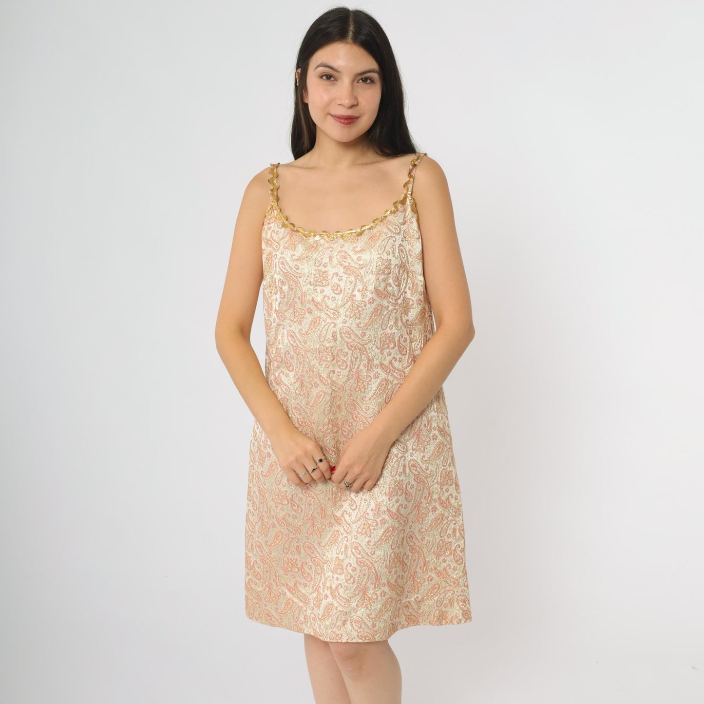 60s Paisley Slip Dress Pink Gold Metallic Mini A-Line Mod Large L