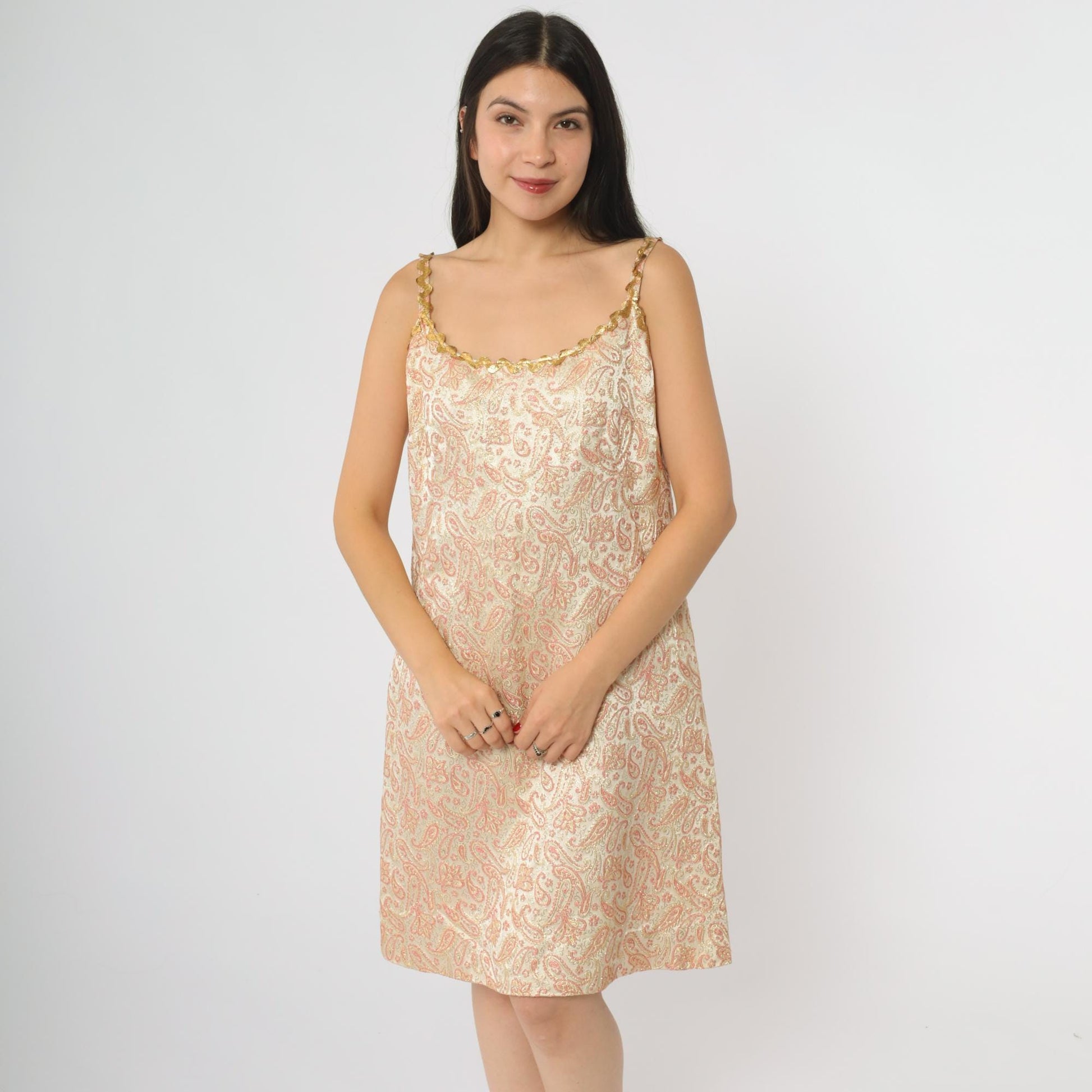 60s Paisley Slip Dress Pink Gold Metallic Mini A-Line Mod Large L