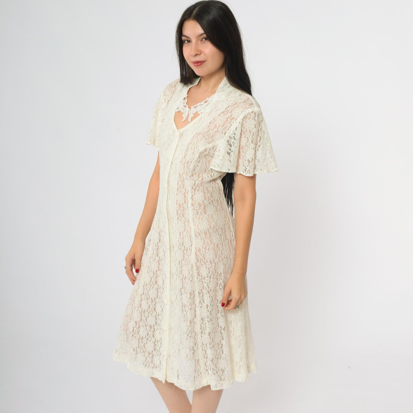 90s Dawn Joy Fashions White Lace Midi Dress V-Neck Bow Floral Medium