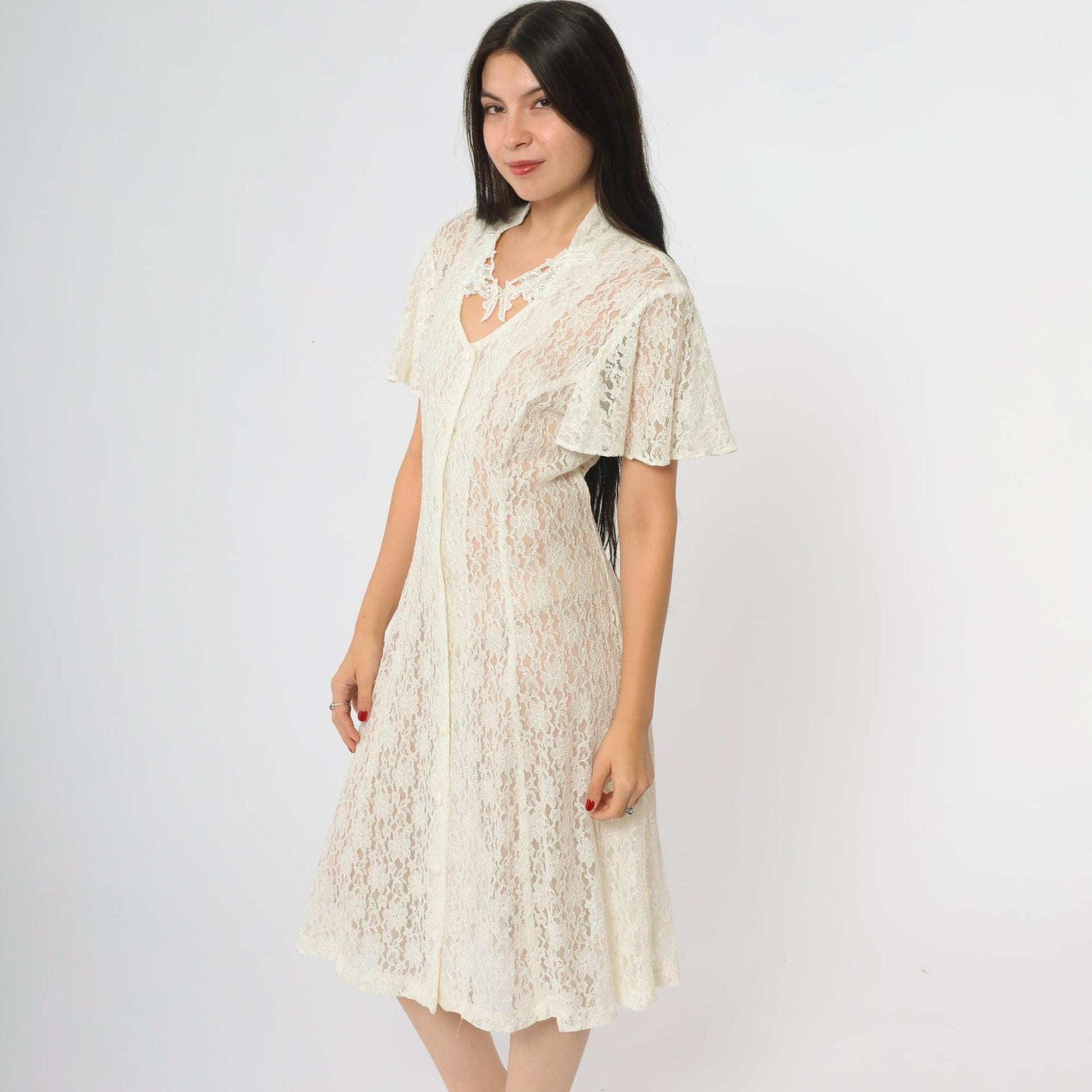 90s Dawn Joy Fashions White Lace Midi Dress V-Neck Bow Floral Medium