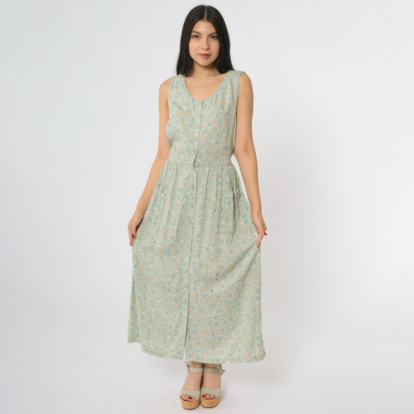 90s Sage Green Floral Midi Dress Button Front Tie Waist Sleeveless Medium M