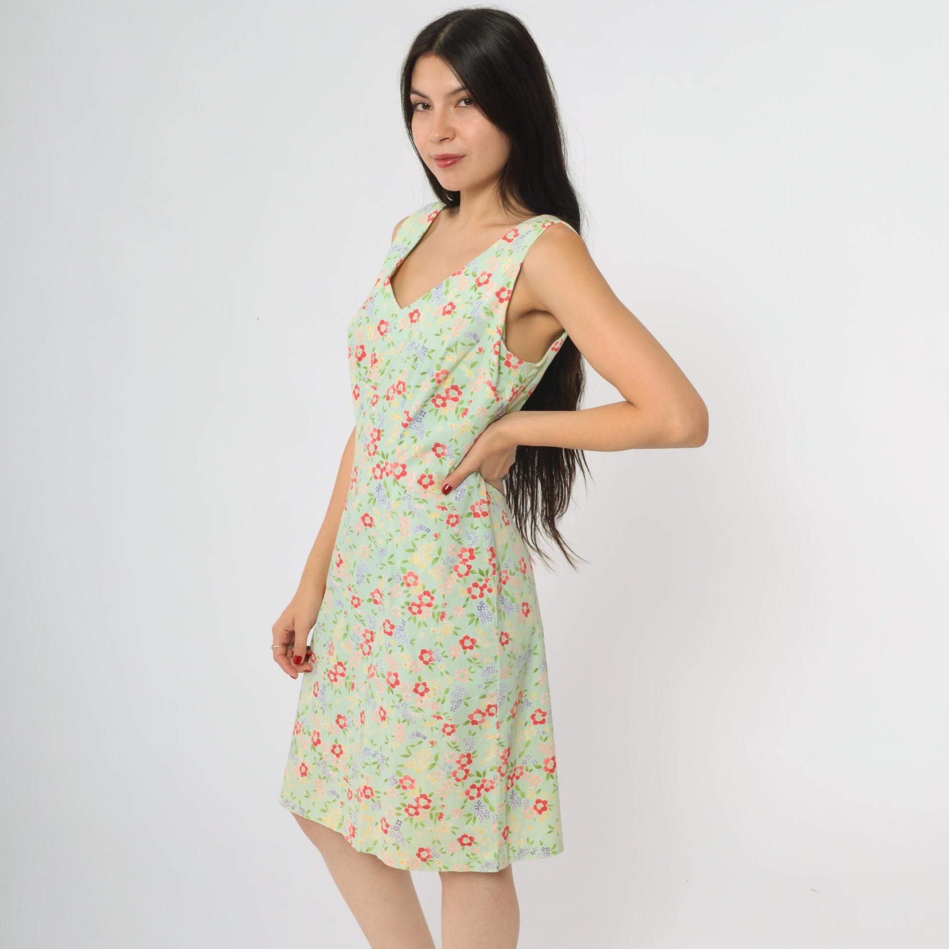 90s CDC Mint Floral Mini Dress Sleeveless V-Neck Small S