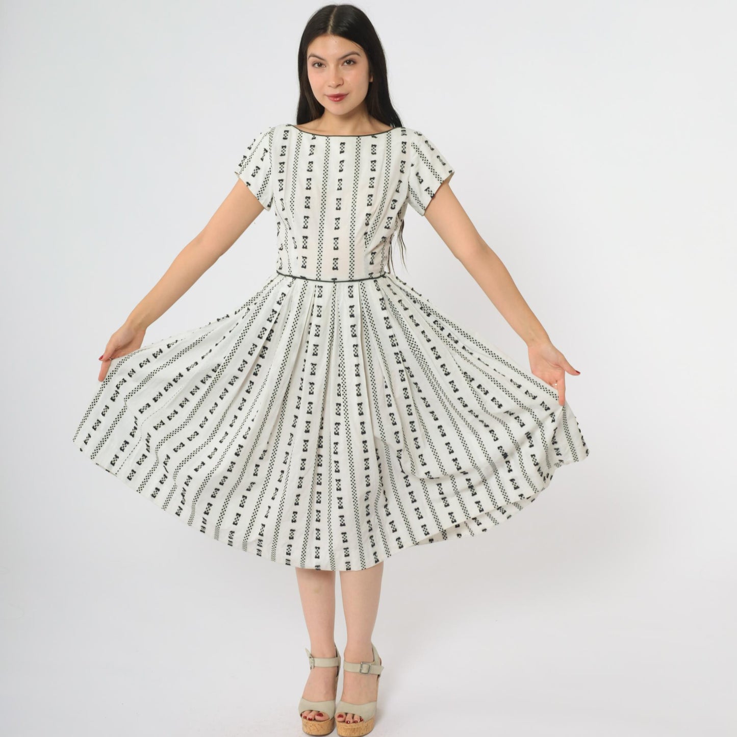 60s Geometric Print A-Line Midi Dress White Black Mod Shift XS