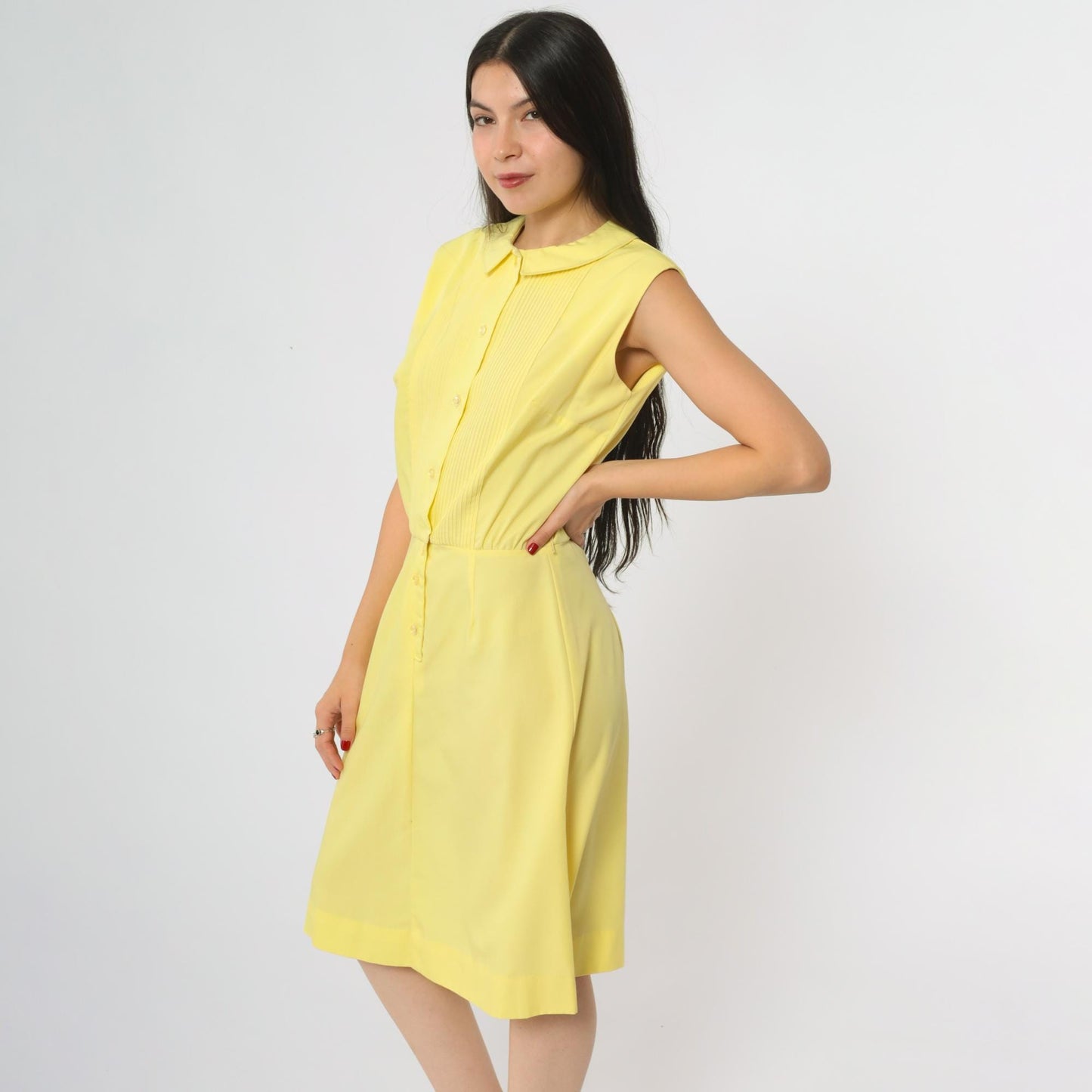 60s Yellow Lady Bird Shift Dress Peter Pan Collar A-Line Knee Length Medium