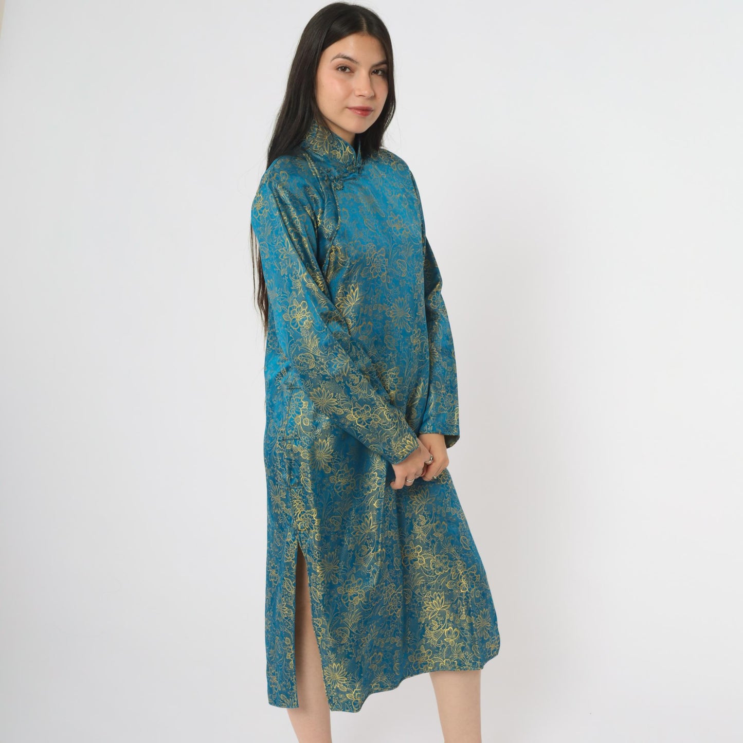 90s Teal Cheongsam Dress Gold Floral Brocade Midi Mandarin Collar Medium M