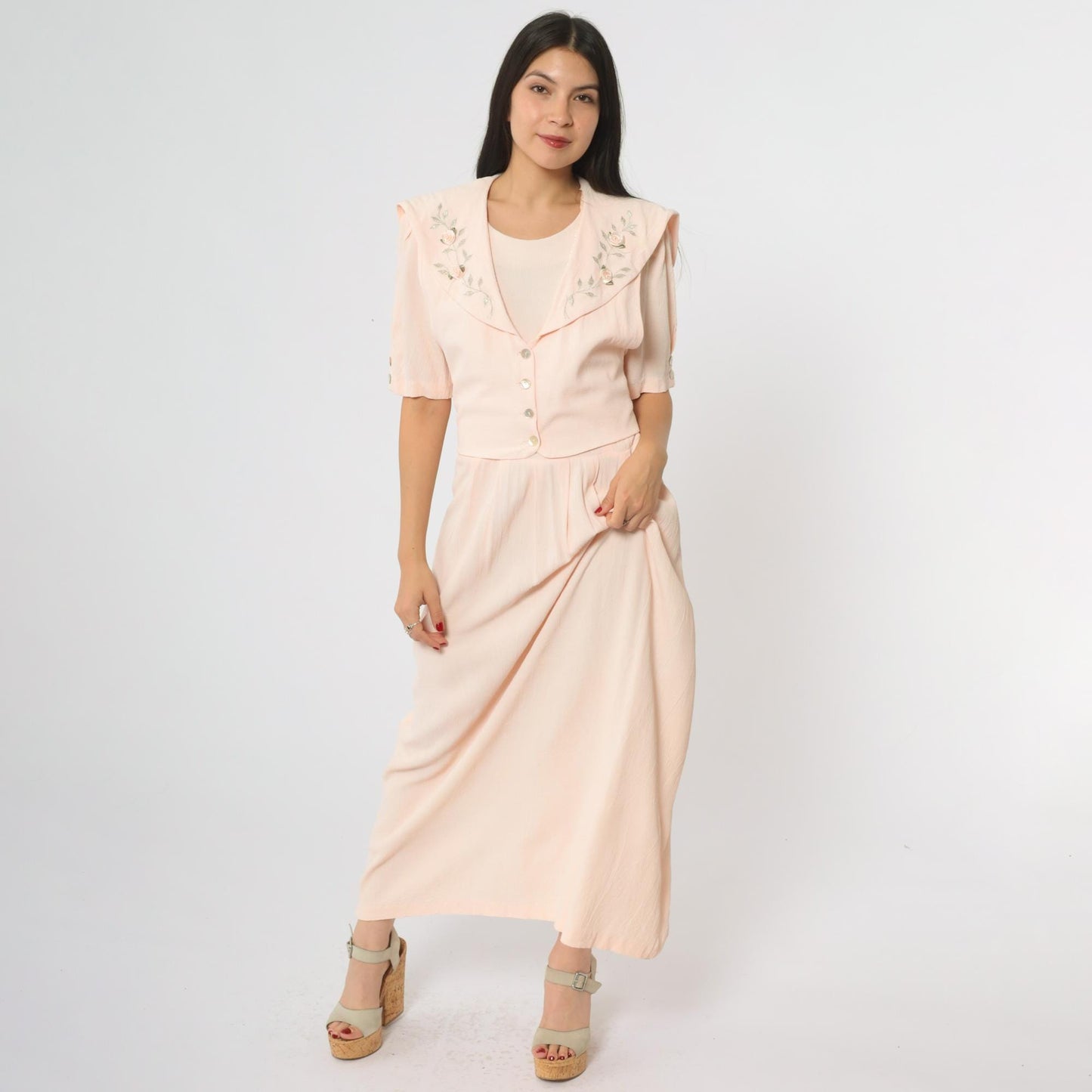 90s JBS LTD Rose Embroidered Maxi Dress Blush Pink Puff Sleeve Large