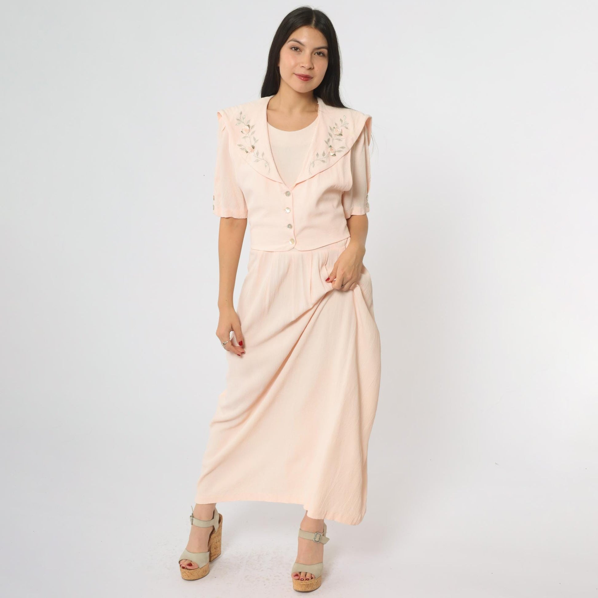 90s JBS LTD Rose Embroidered Maxi Dress Blush Pink Puff Sleeve Large