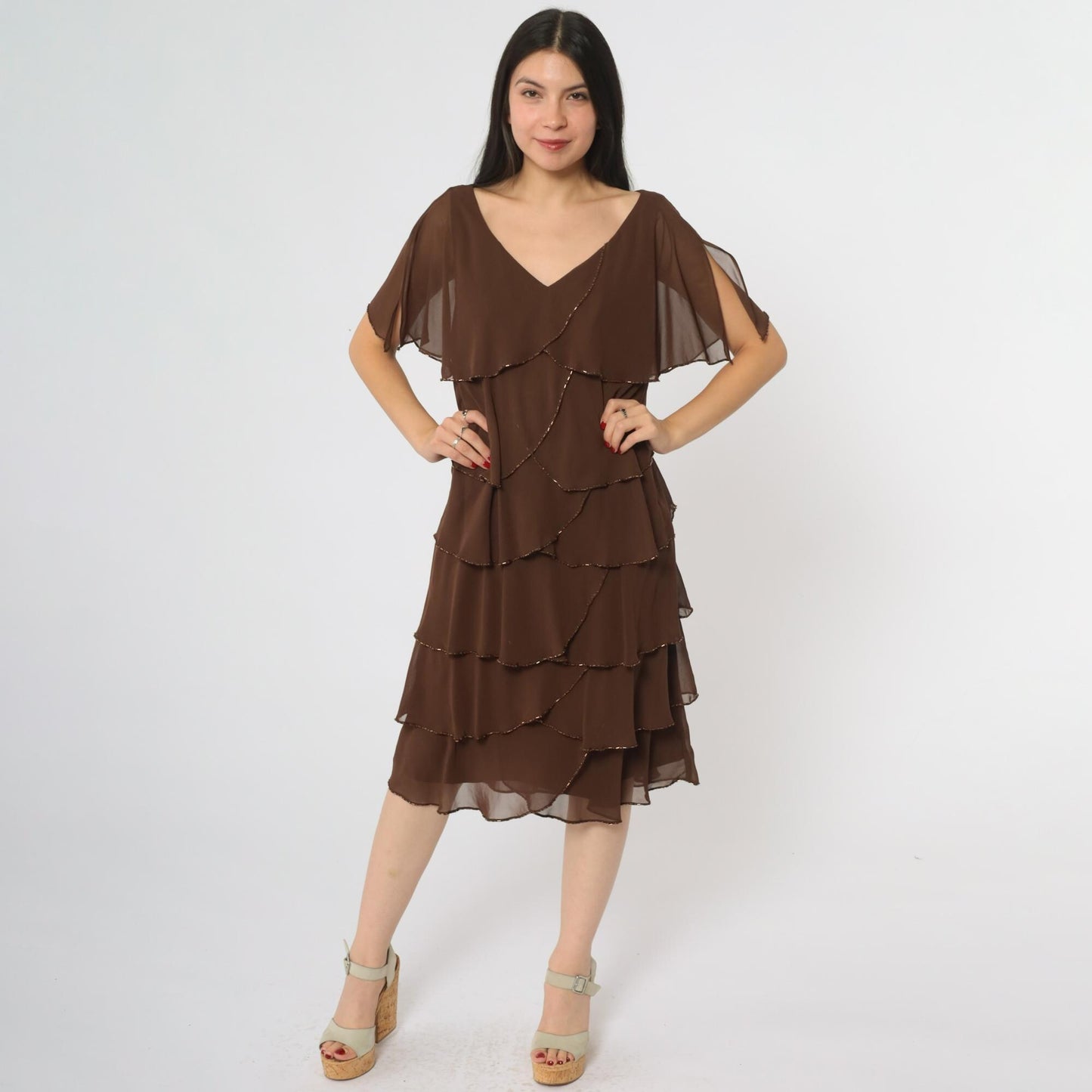Y2K Patra Chocolate Brown Tiered Midi Dress Beaded Flutter Sleeves Large