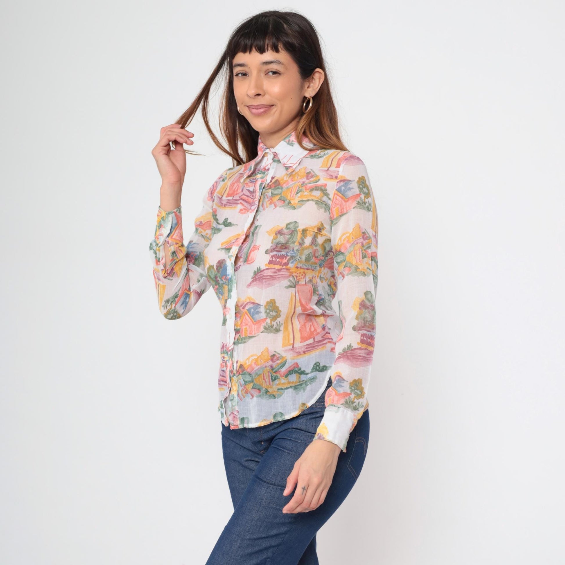 70s Ship N Shore Watercolor Landscape Blouse Sheer Button Up Small