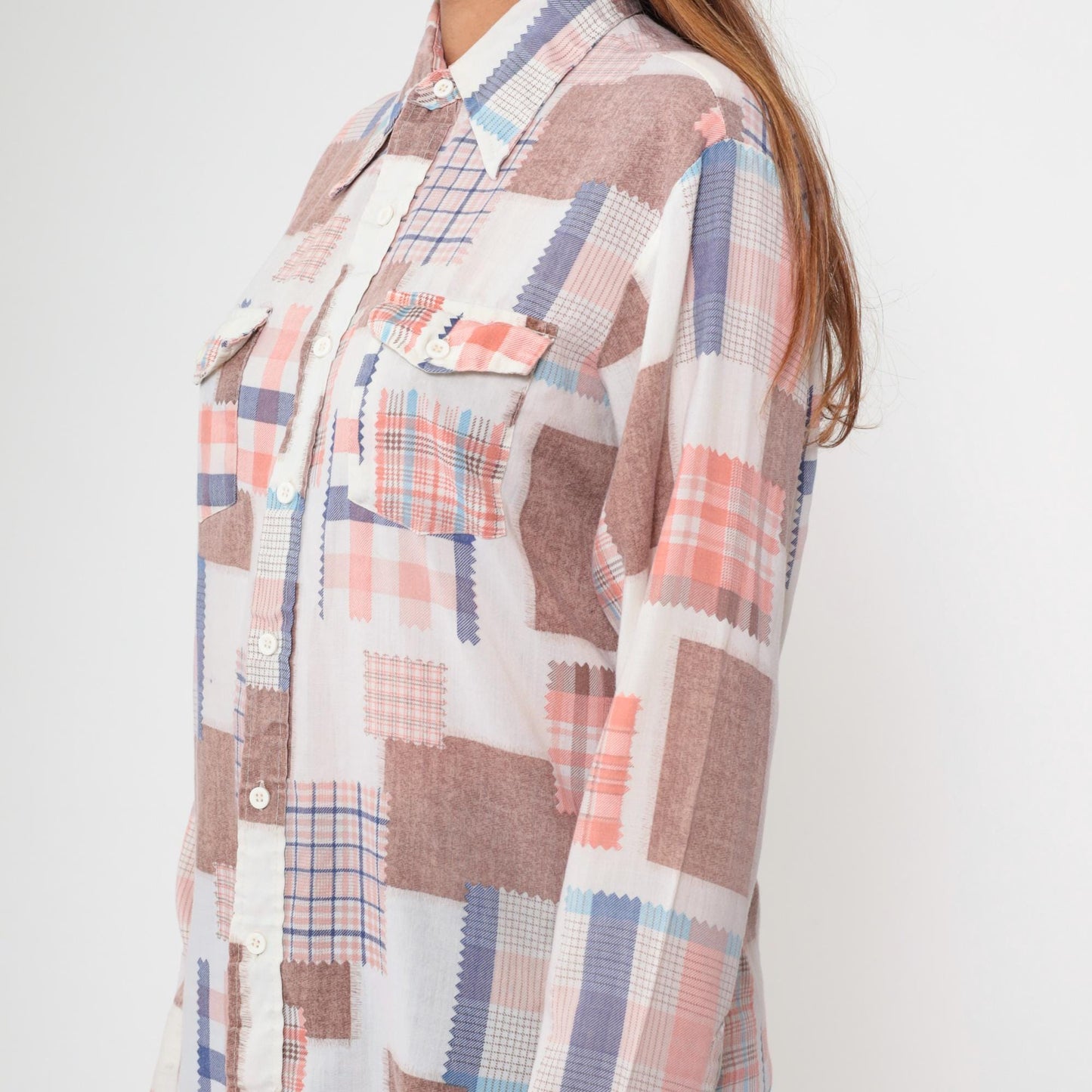 70s Patchwork Button Up Shirt Fabric Swatch Quilt Print Coral Blue Brown Large