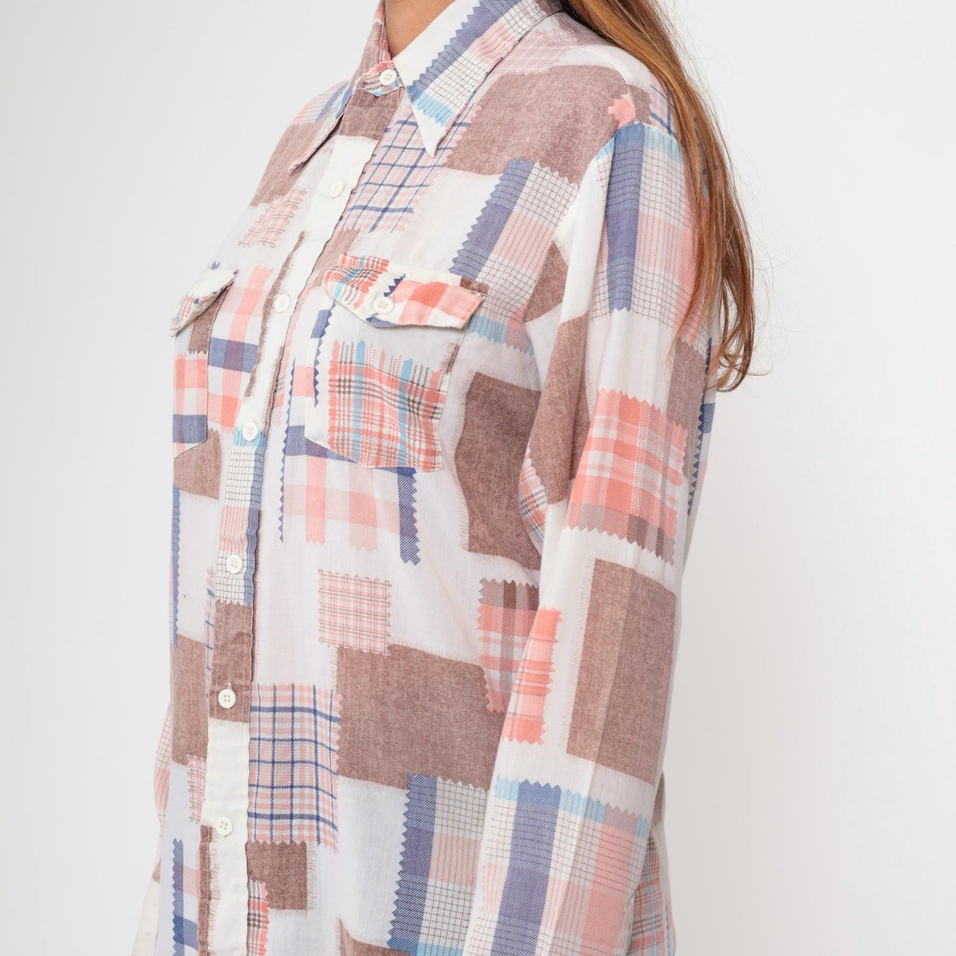 70s Patchwork Button Up Shirt Fabric Swatch Quilt Print Coral Blue Brown Large