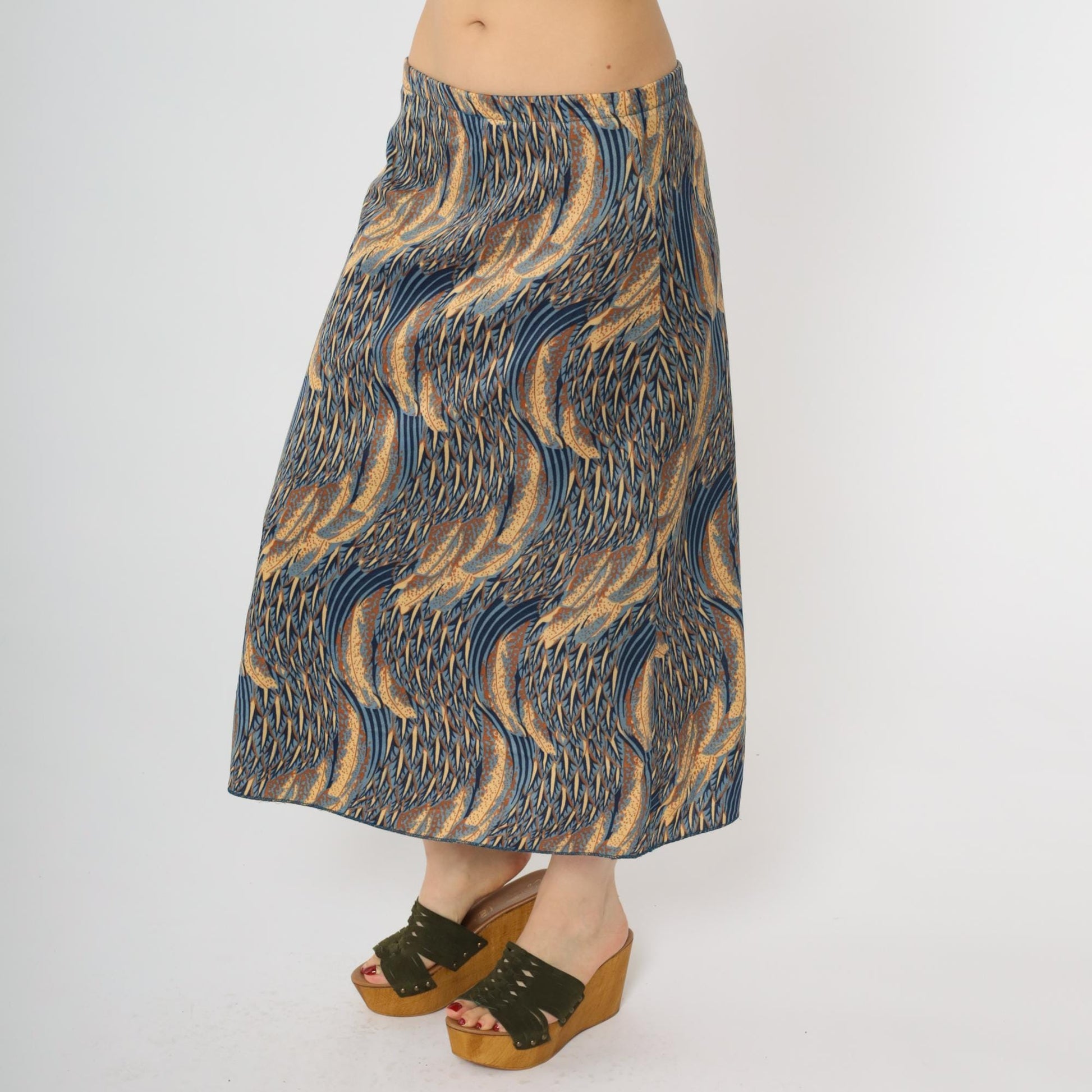 70s Abstract Midi Skirt Blue Gold Swirl Elastic Waist Medium M